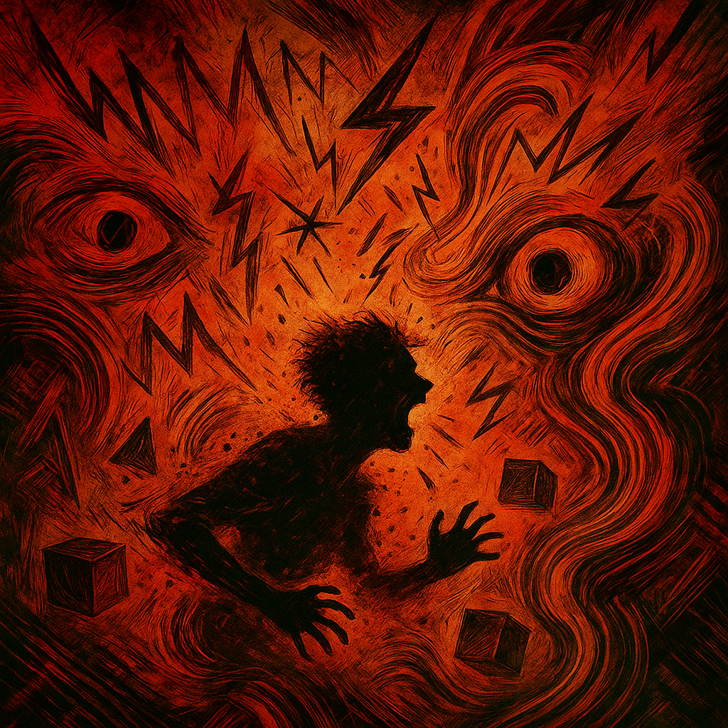 20250527_1547_Chaotic Anxious Whirlwind_remix_01jw93a948fy68ckhqht2y36s1 “An abstract, chaotic red-toned illustration symbolising anxiety. A distressed silhouetted figure screams in the centre, surrounded by swirling lines, jagged lightning bolts, staring eyes, and sharp geometric shapes. The background is fiery and turbulent, conveying intense emotional overwhelm and mental turmoil. Ideal for a psychotherapy website in West Sussex illustrating internal anxiety or panic.”