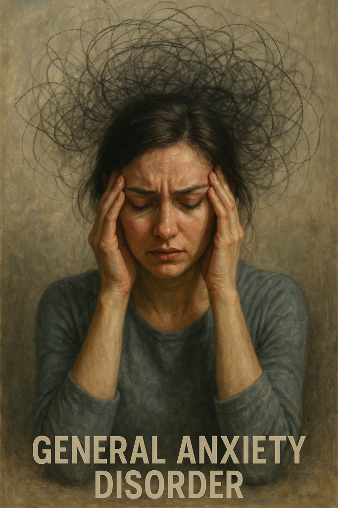20250531_0820_Abstract Anxiety Depiction_simple_compose_01jwjkasrgesh9qs925gp19zt4 Distressed woman holding head with chaotic scribbles above, symbolising racing thoughts and emotional overwhelm from general anxiety disorder.<br />
