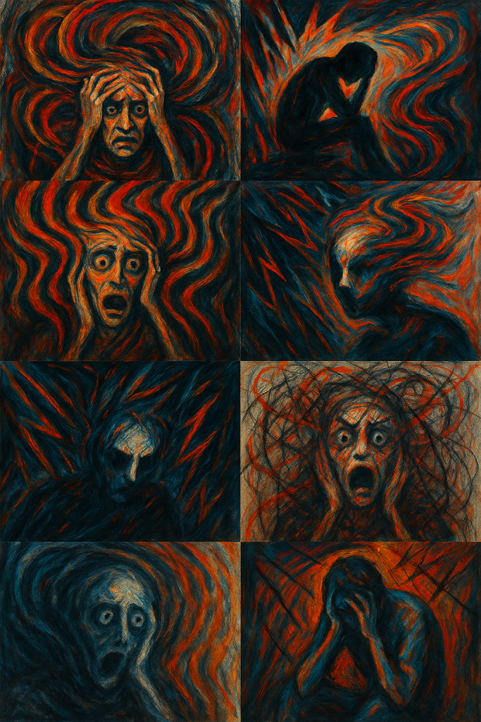 Abstract Emotions_ Faces in Turmoil Abstract expressionist collage of distressed human faces and tangled energy patterns, symbolising the overwhelming chaos of anxiety, fear, and inner turmoil — Eleos Counselling in West Sussex offers compassionate therapy to help untangle emotional overwhelm and reclaim calm.