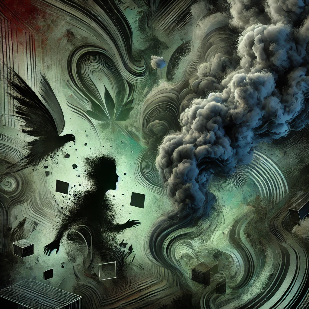 DALL·E 2025-04-24 13.59.06 - An abstract digital illustration showing the concept of addiction and confusion. The artwork features dark, swirling shadows and greenish smoke twisti