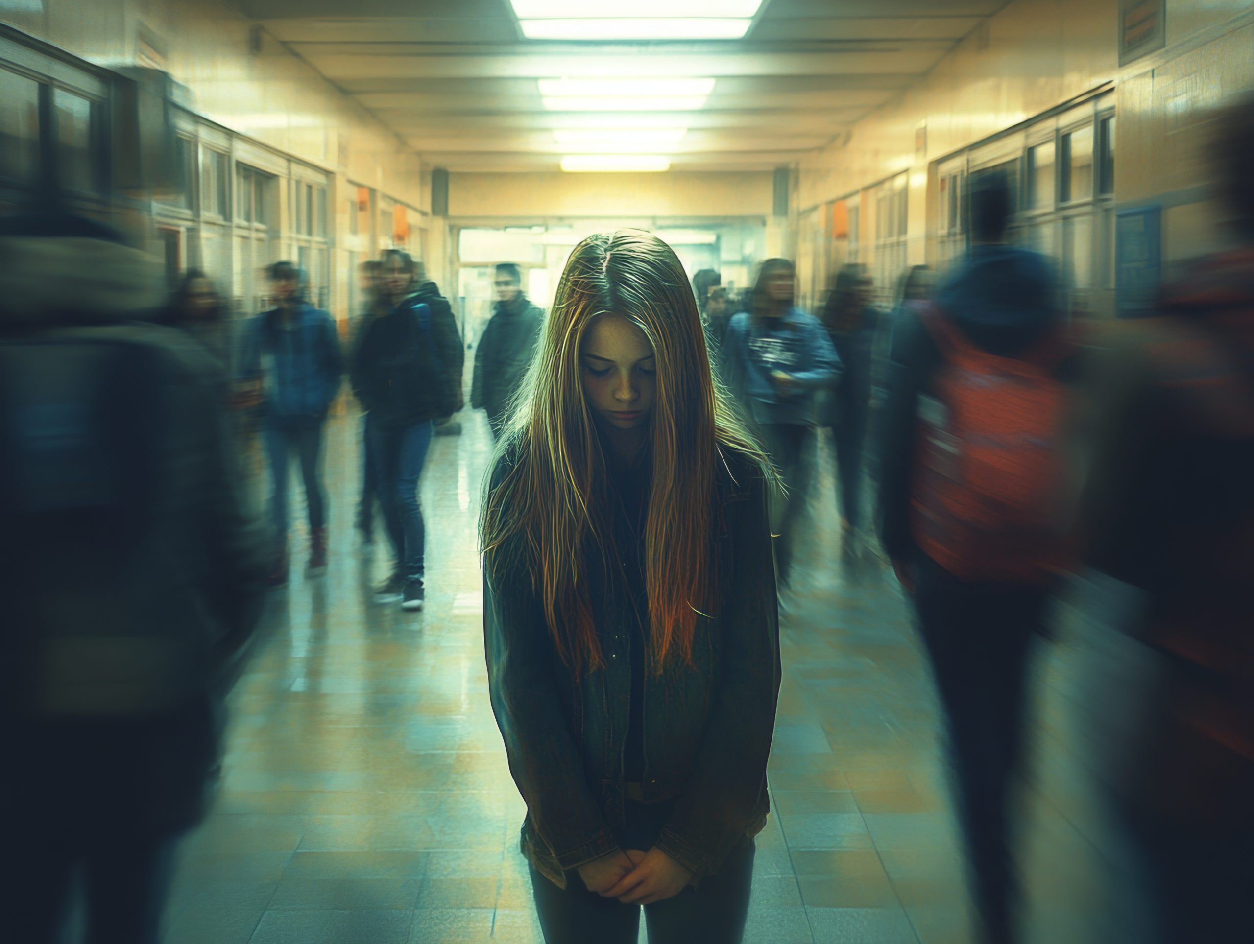 A young girl head bowed standing alone in the middle of a bustli ANXIETY_ARUNNDEL _<br />
IMAGE