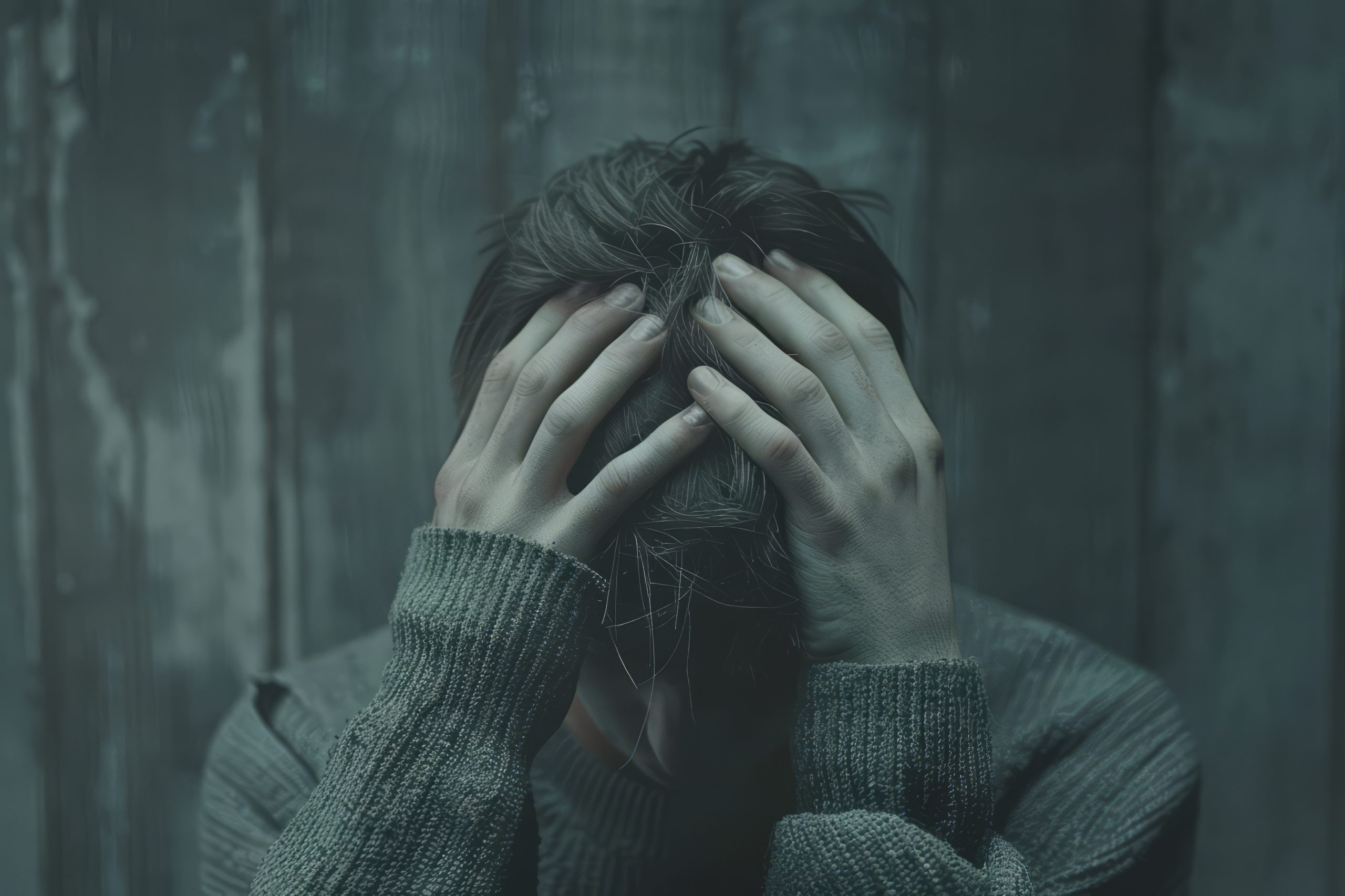 Depressed man hiding his face behind hands. Generative AI Man hiding his face behind his hands Therapy for generalised anxiety, West Sussex,