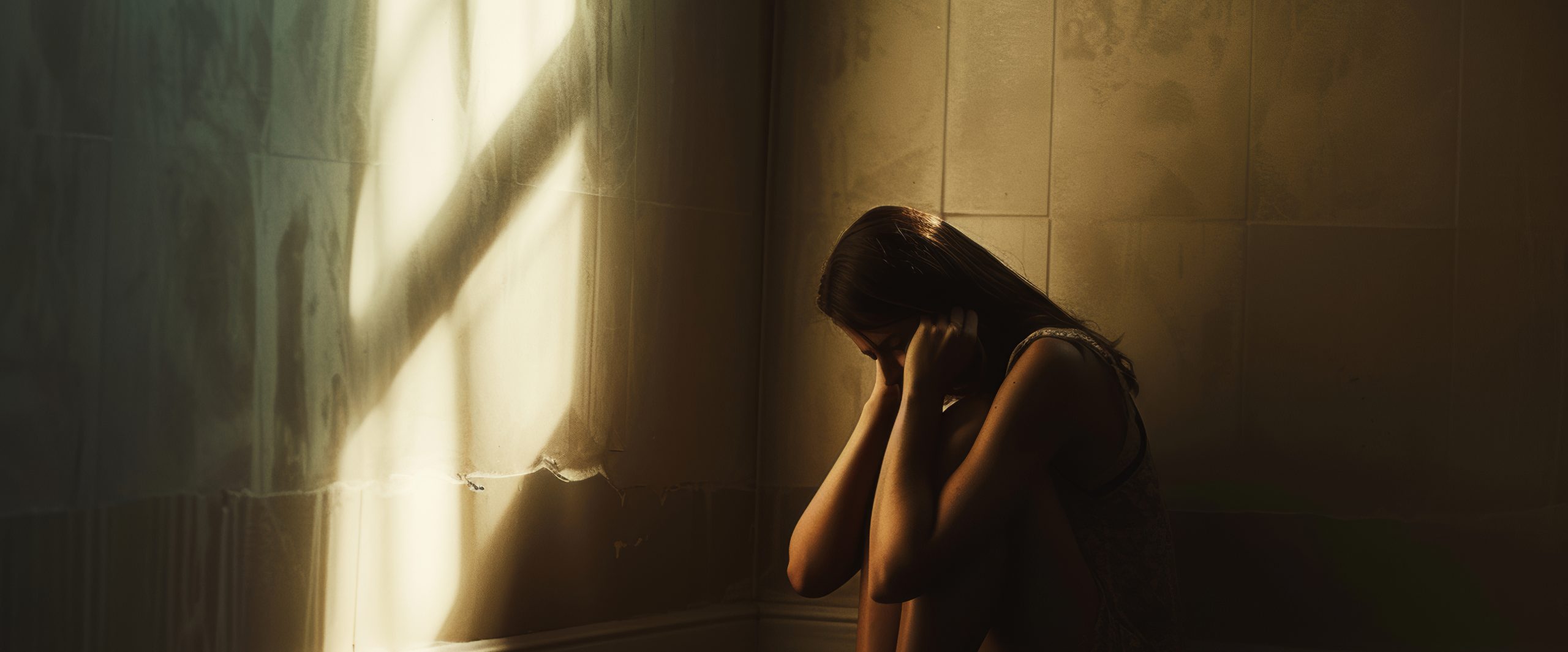 depression sadness woman in a corner of room with a beam of ligh