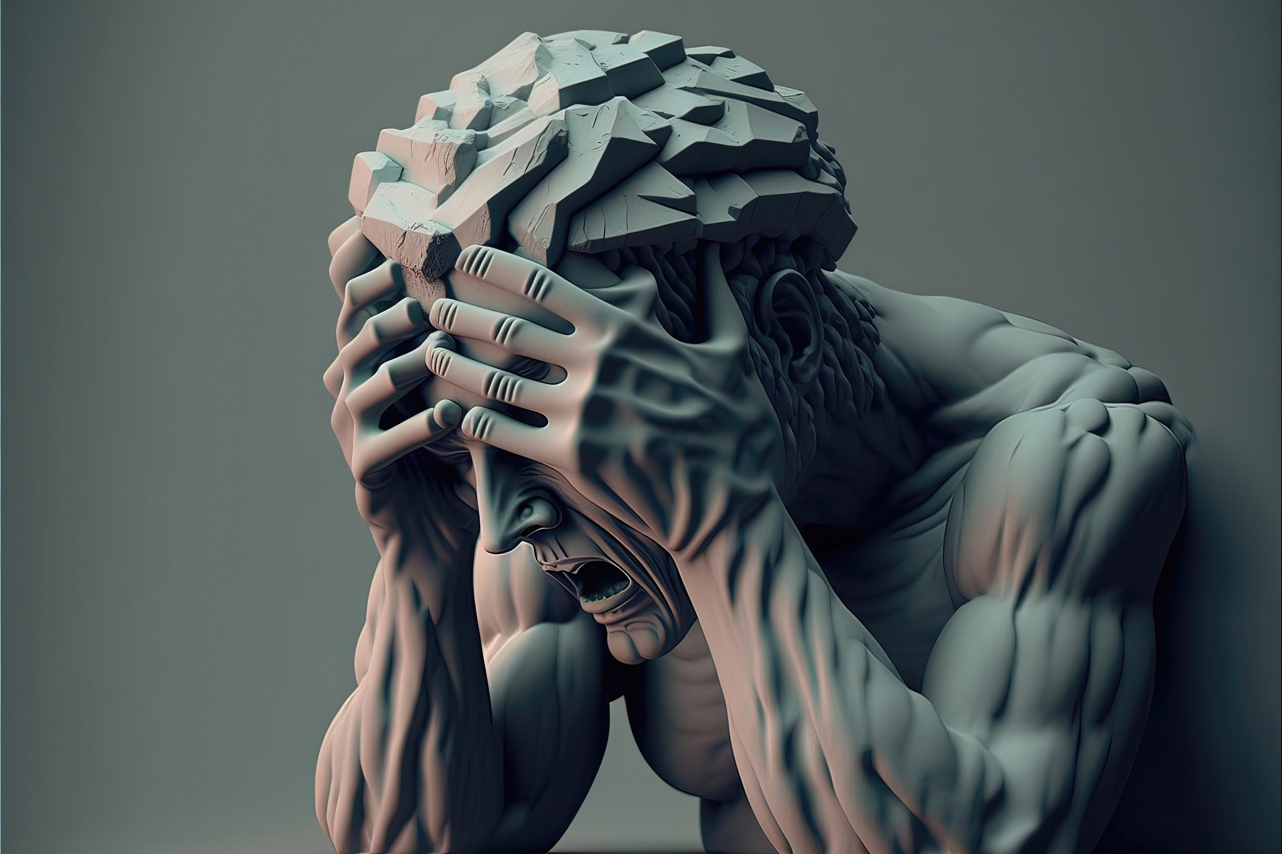 Artistic sculpture of a man with heavy headache.