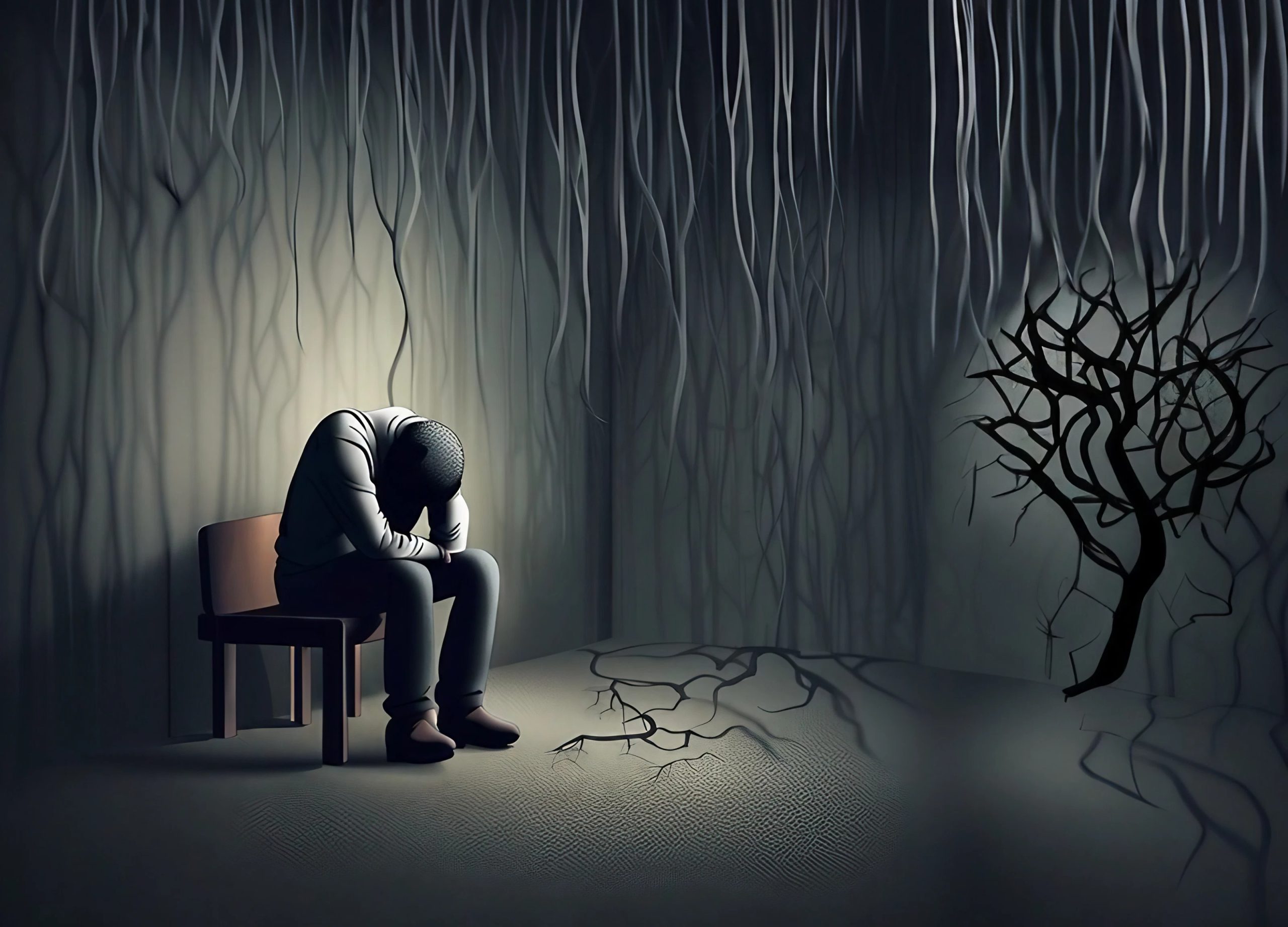 Concept of depression and mental health issues, depicting a person appearing sad and slumped. stressed and tired of living life A dark, surreal illustration of a person sitting on a chair with their head in their hands, surrounded by tangled, root-like lines hanging from the ceiling and spreading across the floor. A leafless, twisted tree stands nearby, casting eerie shadows. The image powerfully conveys depression, isolation, and emotional struggle.