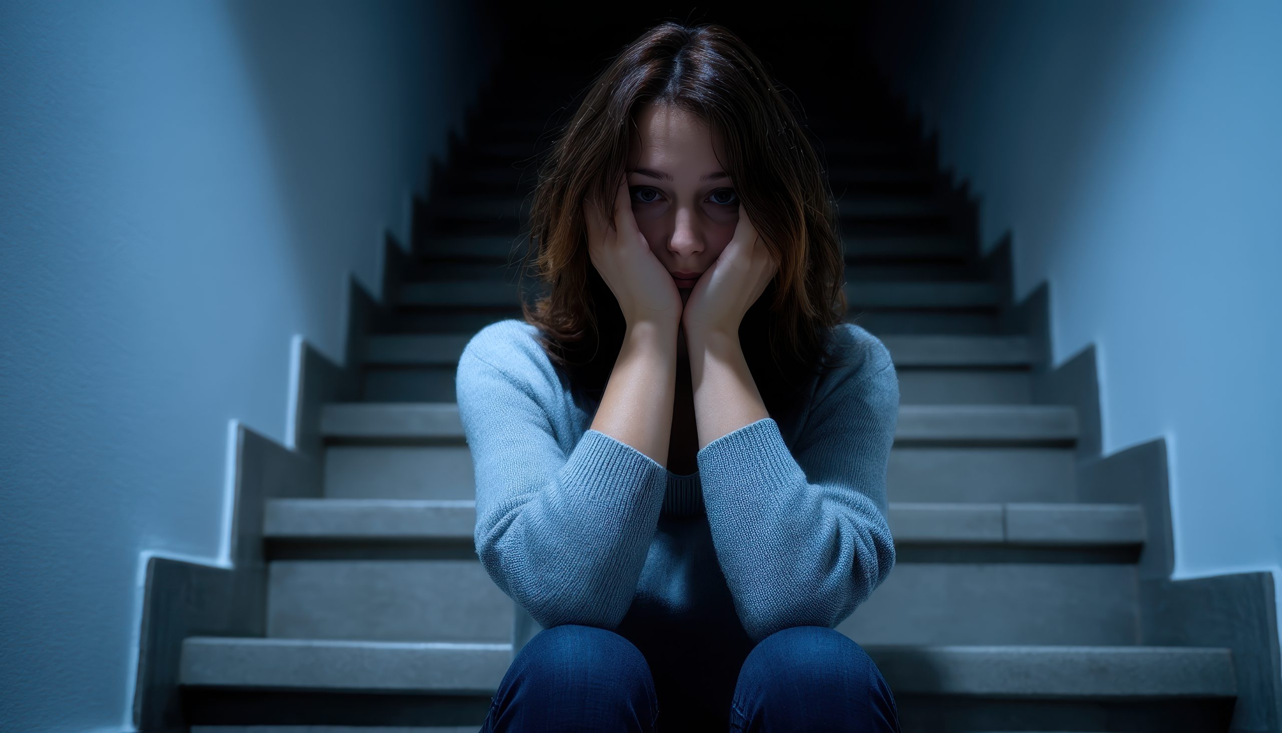 Emotional reflection of a disheveled woman on a staircase indoor setting portrait isolation Distressed young woman sitting alone on staircase, representing anxiety and emotional overwhelm — Eleos Counselling offers private therapy for anxiety, depression, and trauma in West Sussex including Horsham, Southwater, and surrounding areas.