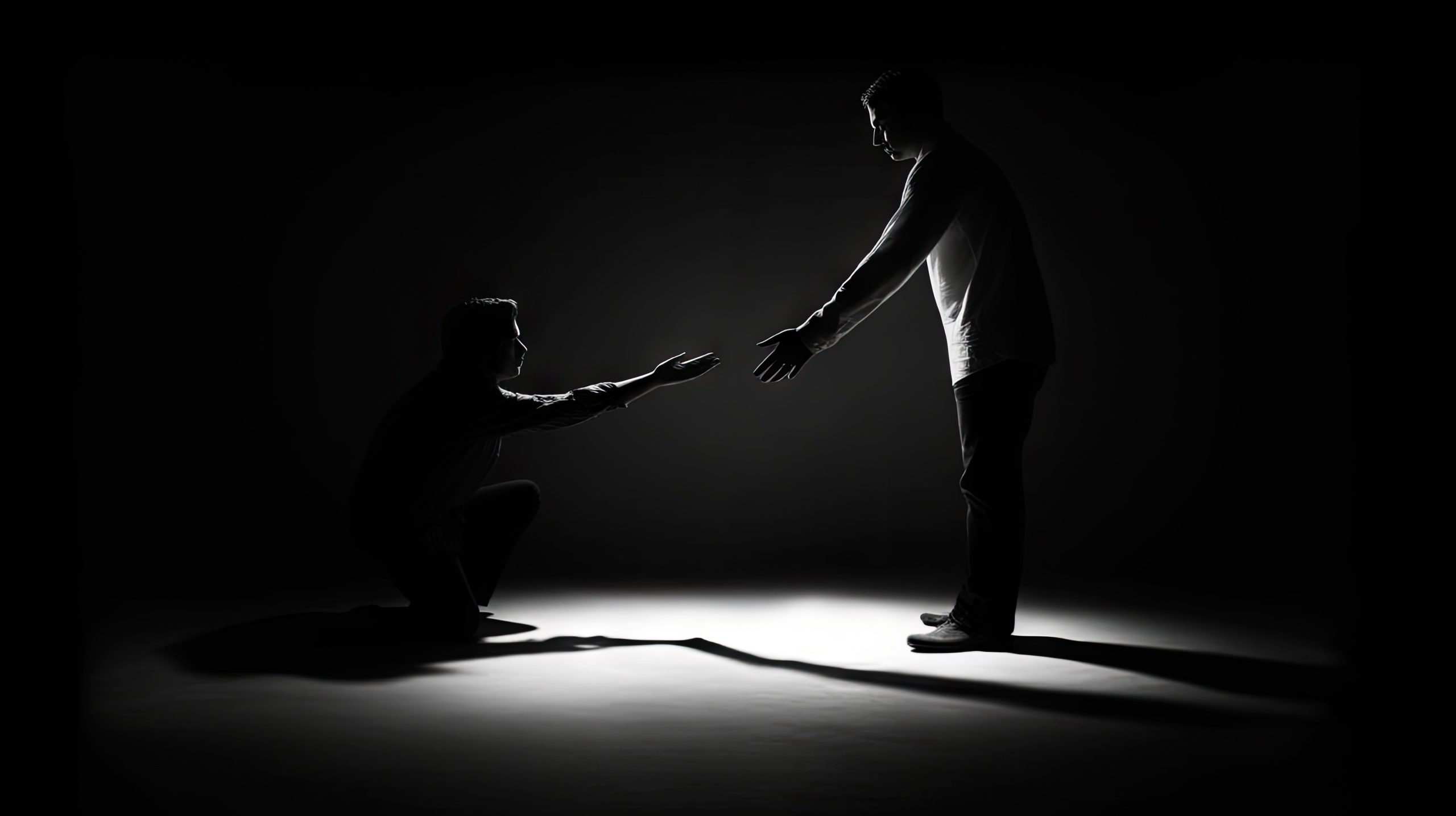 Silhouette of a man with another one in dark room. Giving hand o Silhouette of two men in a dark room, one reaching out to help the other from the shadows — symbolising internal struggle, vulnerability, and the quiet plea for connection in the grip of anxiety. Eleos Counselling in West Sussex offers therapy to help individuals rise from isolation and emotional overwhelm.<br />