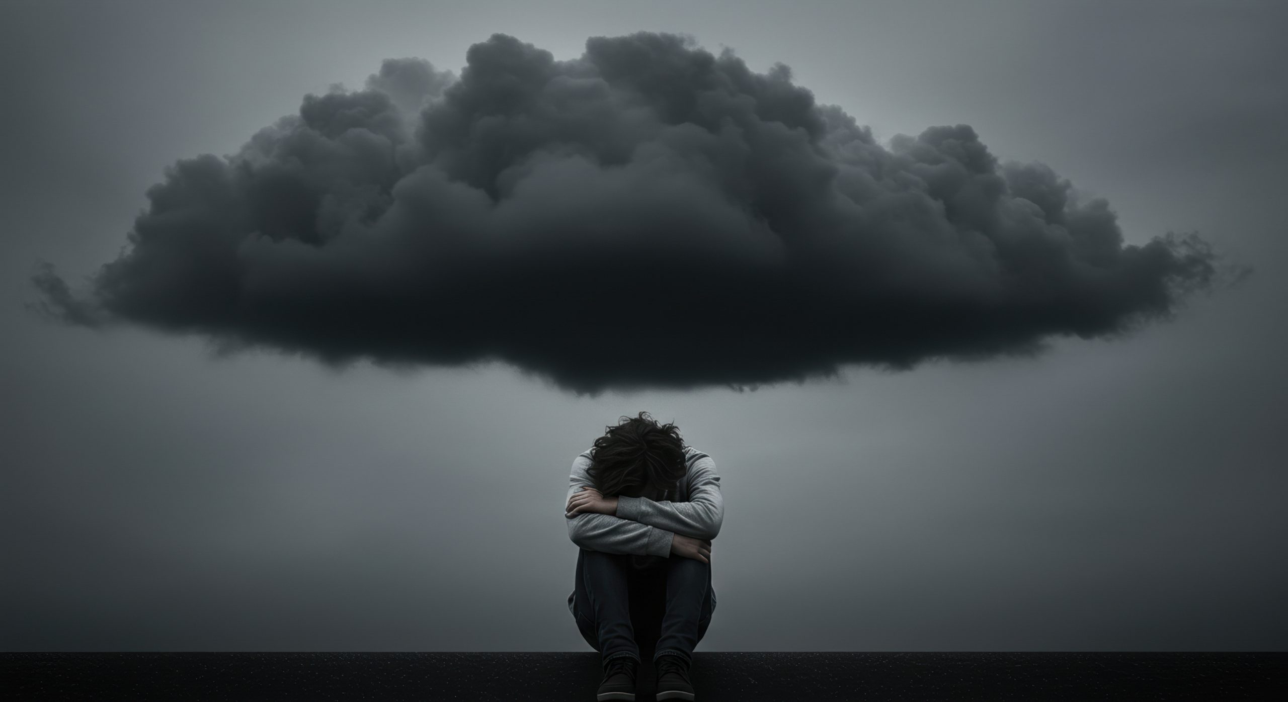 Under a dark cloud: A symbolic representation of the weight of sadness and mental health challenges.