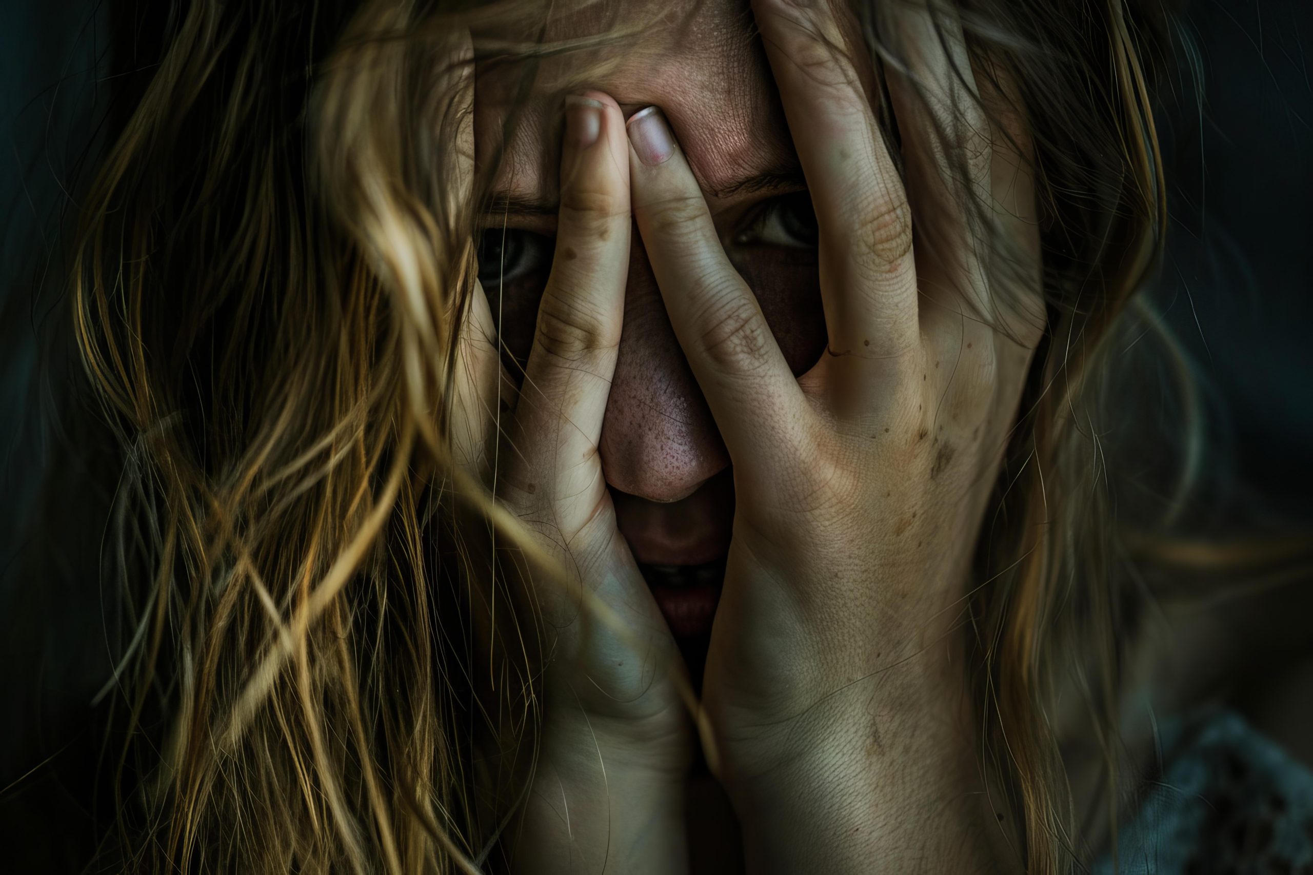 Young woman hiding face expressing sadness and fear A close-up image of a distressed young woman with long blonde hair, her face partially hidden behind her hands. Her wide eyes peer through her fingers, conveying intense fear, anxiety, or emotional overwhelm. The lighting is dark and moody, enhancing the feeling of vulnerability and mental distress.