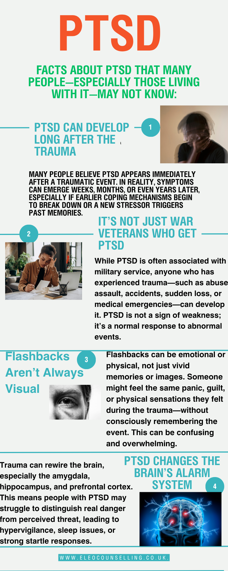 PTSD_INFOGRAPHIC_PAGE_001png PTSD infographic – facts about trauma, flashbacks, and brain changes | Eleos Counselling West Sussex
