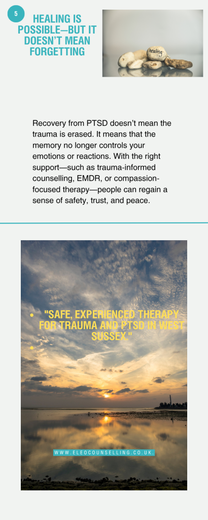 PTSD infographic – facts about trauma, flashbacks, and brain changes | Eleos Counselling West Sussex