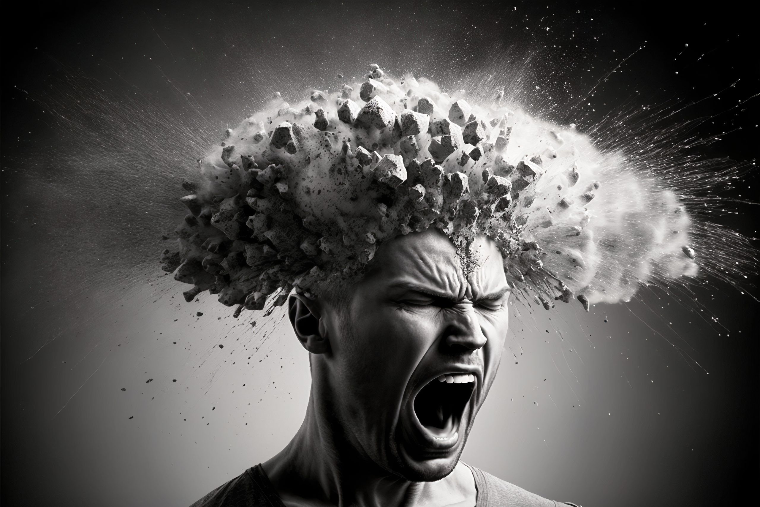 Head explosion. Headache, aggression, negative emotions concept. Losing control. Problems with mental health. Anger. Generative AI. Exploding head visual of angry man, representing emotional overload and need for anger management in West Sussex
