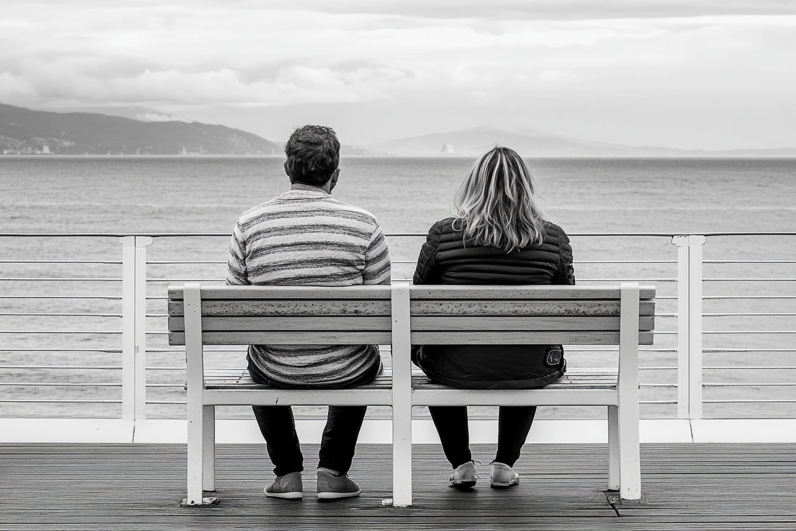 vecteezy_a-couple-sitting-on-a-bench-looking-out-at-the-ocean_65825633 A couple sitting in silence on a bench by the ocean, symbolising emotional distance and reflection—representing relationship difficulties addressed through couples therapy at Eleos Counselling in West Sussex
