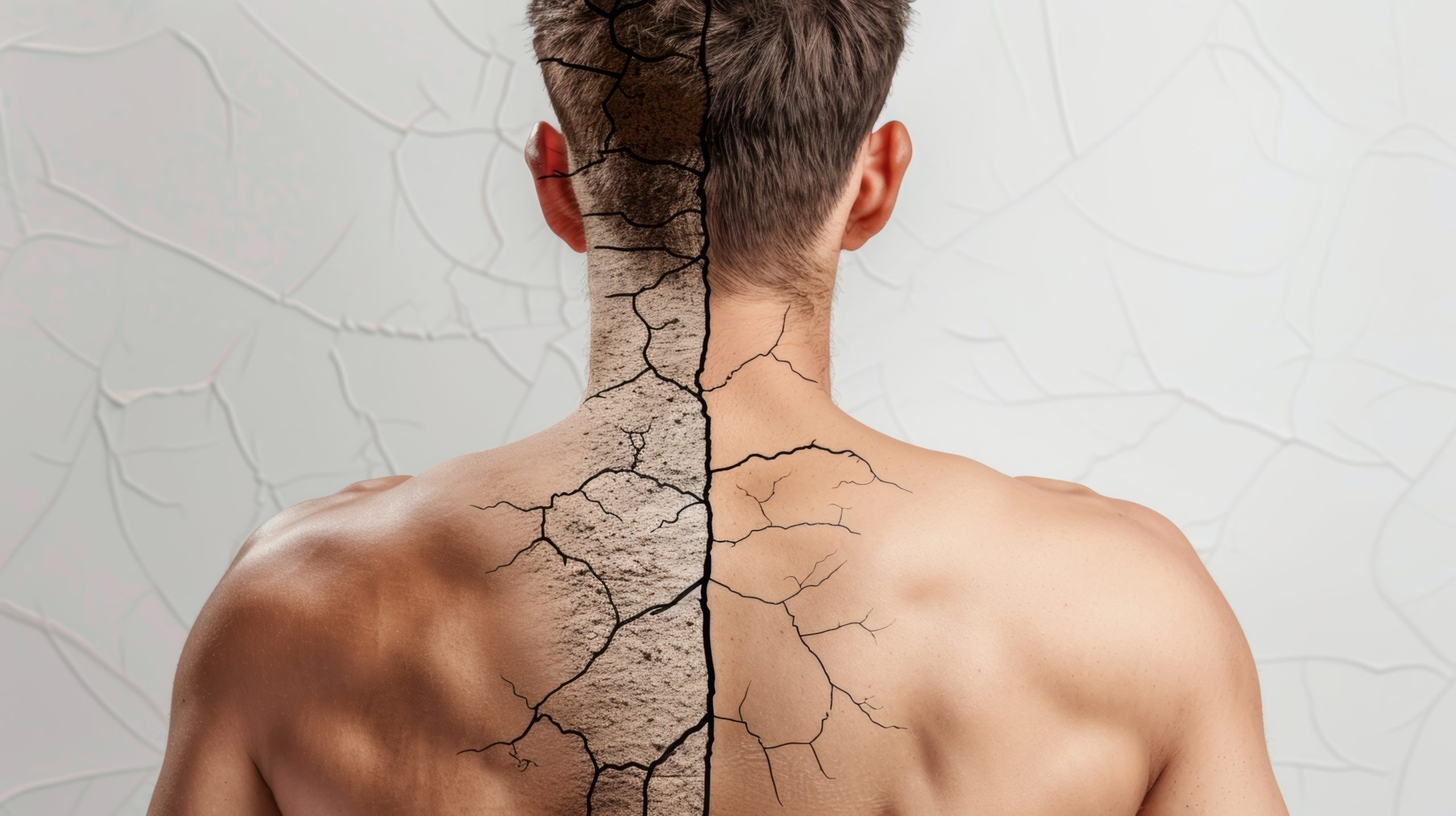 An illustration of a mans back one side showing dry and flaky skin while the other displays healthy and nourished skin transformed by skin rejuvenation therapy. Counselling psychotherapy for body dysmorphia, West Sussex