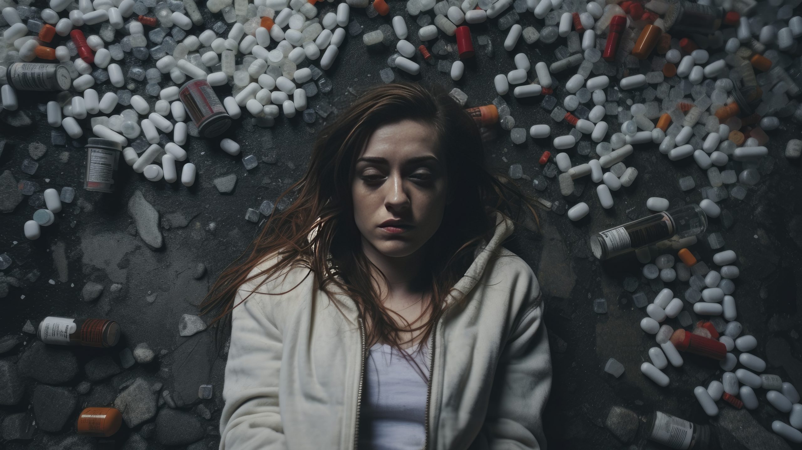 Young girl addicted to opiates lying on the street - modern fent Ellie of Counselling, West Sussex, psychotherapy Counselling for addiction to prescription medication
