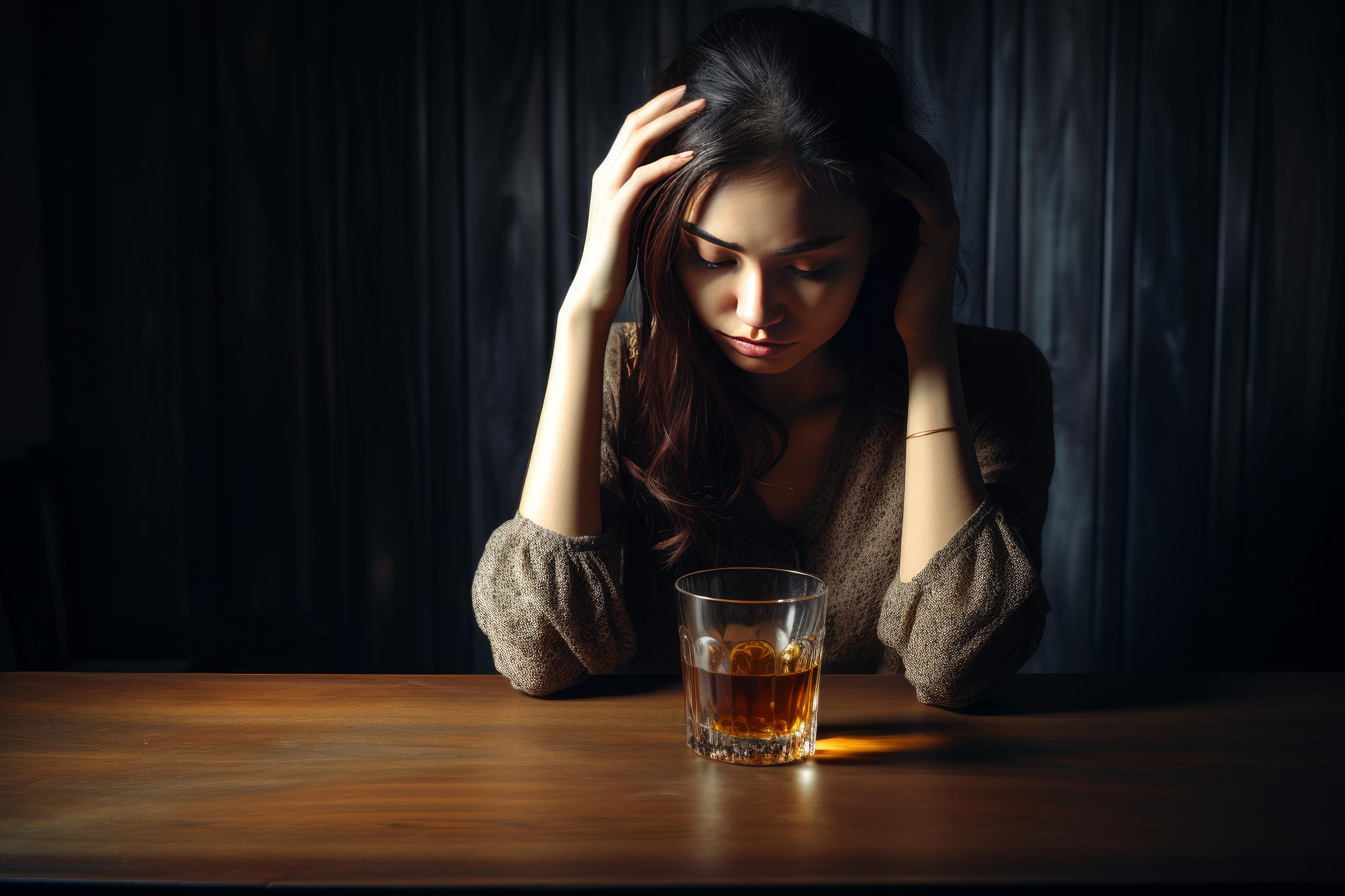 Sad young woman drinking alcohol at bar counter suffering from depression Eleos counselling West Sussex, Counselling psychotherapy for alcohol addiction