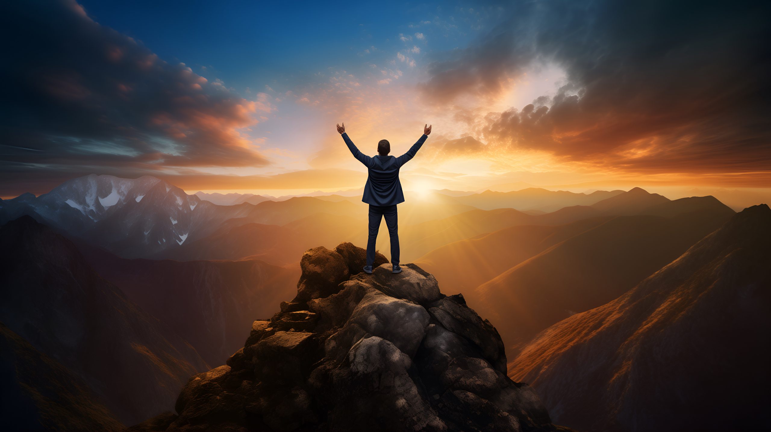 Businessman at mountaintop during sunset. Success, victory, winner, achievement, leadership concept Eleos Counselling West Sussex, Counselling for workplace stress