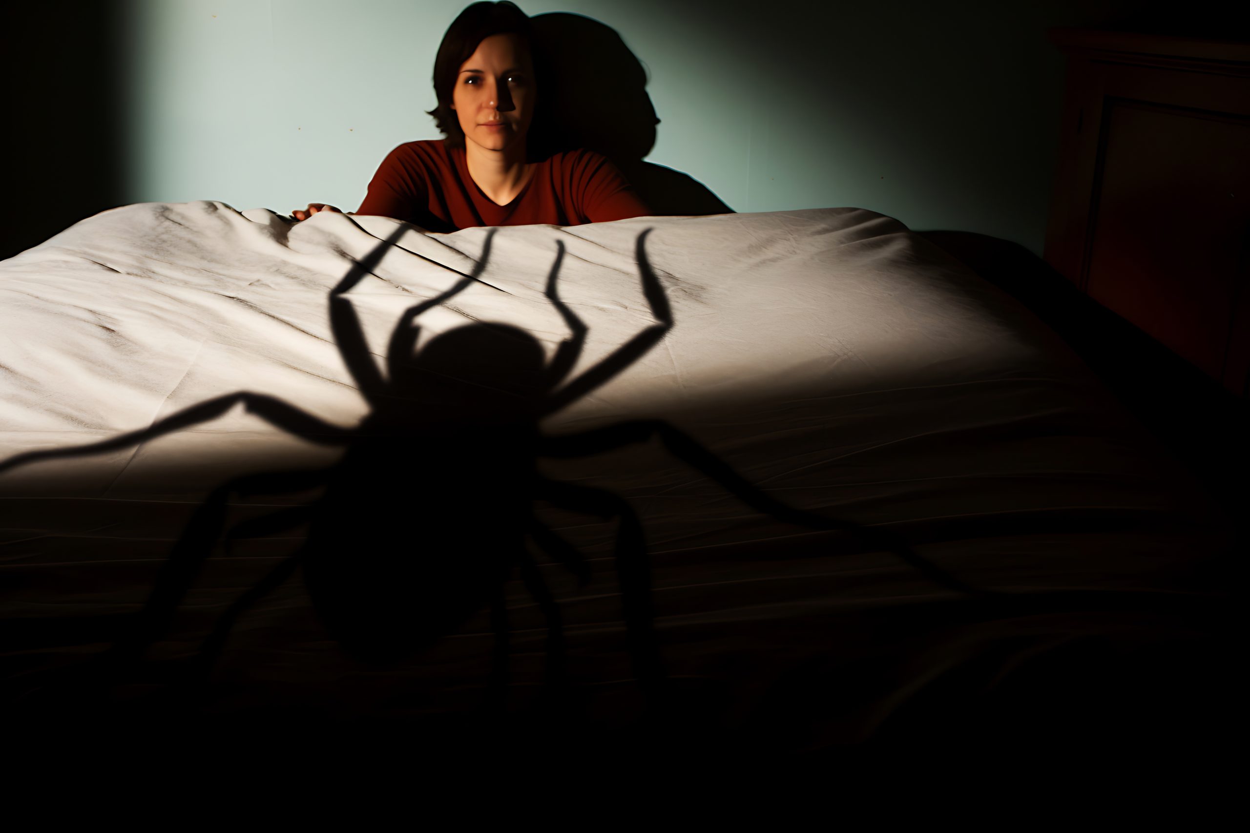 A huge shadow from a bed bug falls on the bed at night. Concept of having bed bugs indoors Phobia therapy offered by Eleos counselling West Sussex