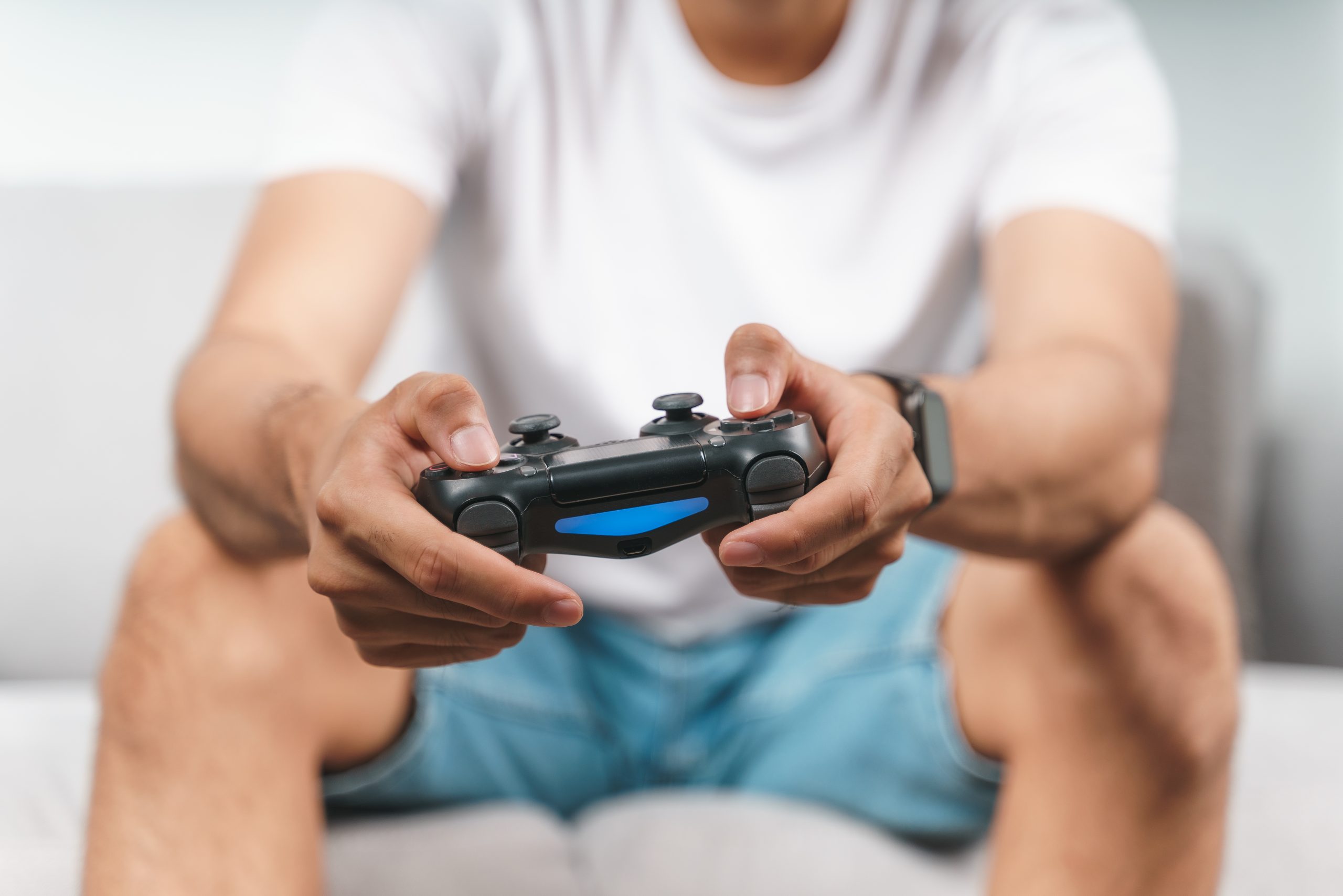 Excited young handsome man holding joystick controller playing v you’re concerned that gaming is taking over your life—or affecting your relationships, work, or mental health—you can call or email Eleos Counselling using the details on our Contact Us page. All enquiries are treated with the utmost confidentiality.<br />
Or, if you feel ready to take the first step, simply click the button below. You’ll be taken to our online diary, where you can book a private assessment session at a time that suits you.