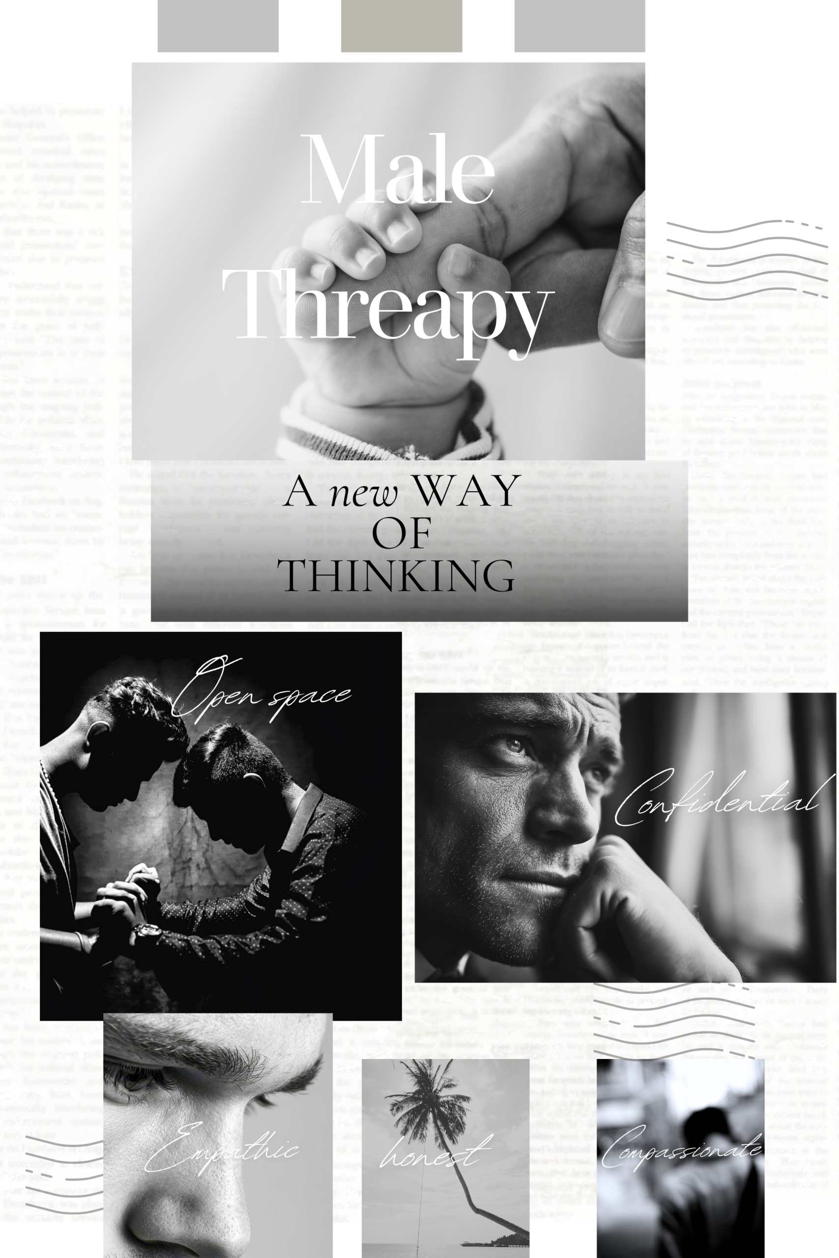 Black and white collage showing men reflecting and connecting, symbolising male therapy and emotional openness — promoting men’s mental health and counselling in West Sussex.<br />
