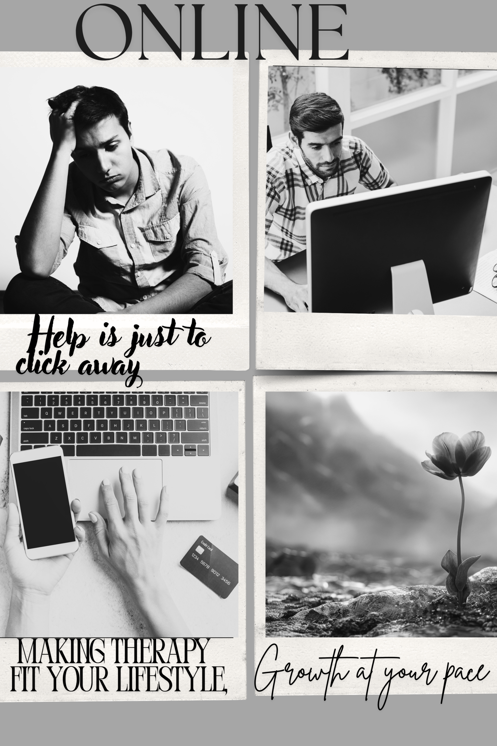 Online counselling illustration showing a person in distress, a man using his computer for therapy, and symbols of personal growth and flexibility, representing accessible online counselling in West Sussex.