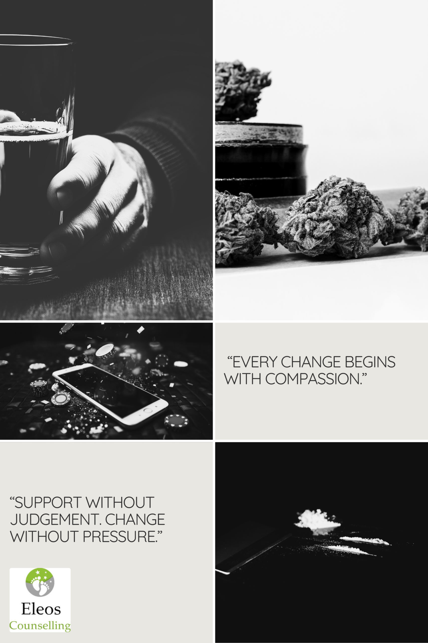 “Addiction counselling in West Sussex – images representing alcohol misuse, cannabis use, gambling addiction, and cocaine addiction with supportive messages from Eleos Counselling.”