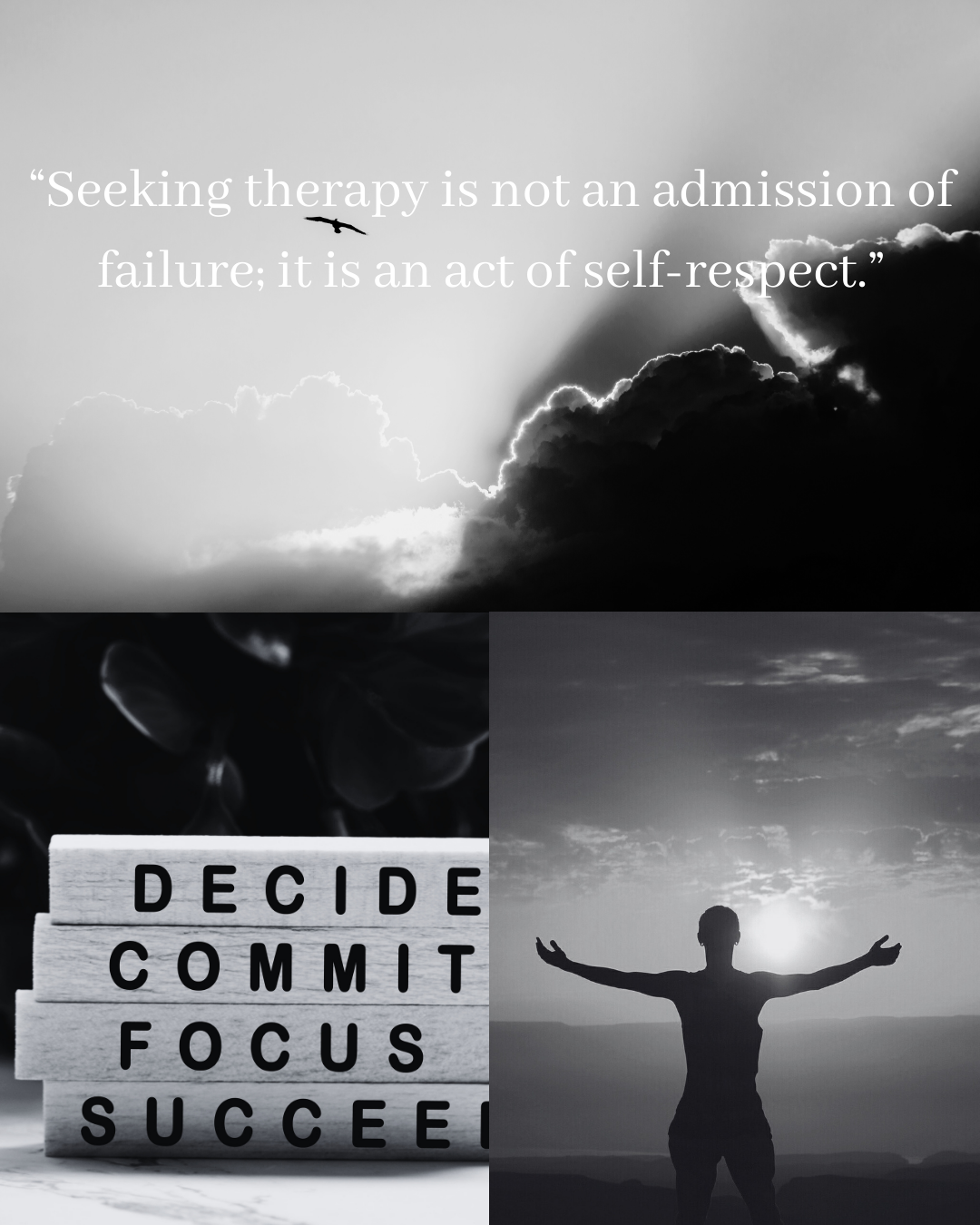 Motivational quote about starting therapy for alcohol addiction, with calming sky imagery and symbols of commitment, focus, and recovery
