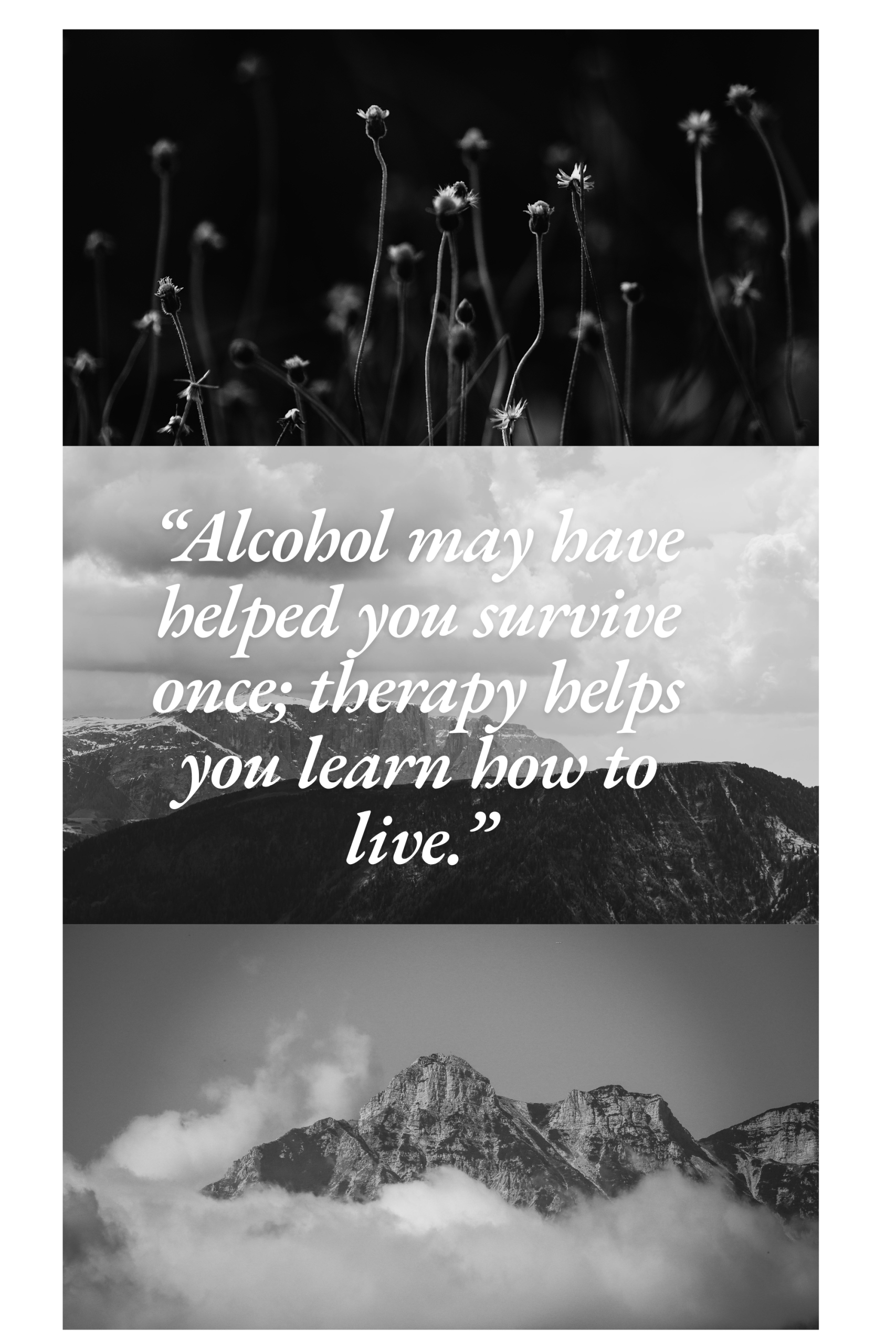 Alcohol addiction counselling in Storrington RH20 West Sussex, black and white therapeutic collage symbolising recovery, self-respect, and commitment to change