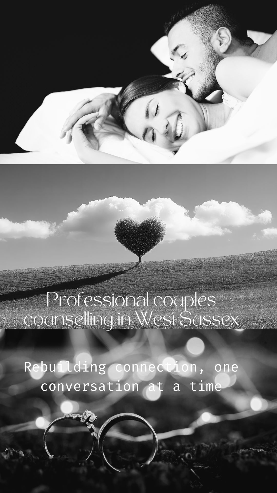 Black and white image symbolising couples counselling in West Sussex, showing emotional connection, commitment, and relationship support through professional therapy.