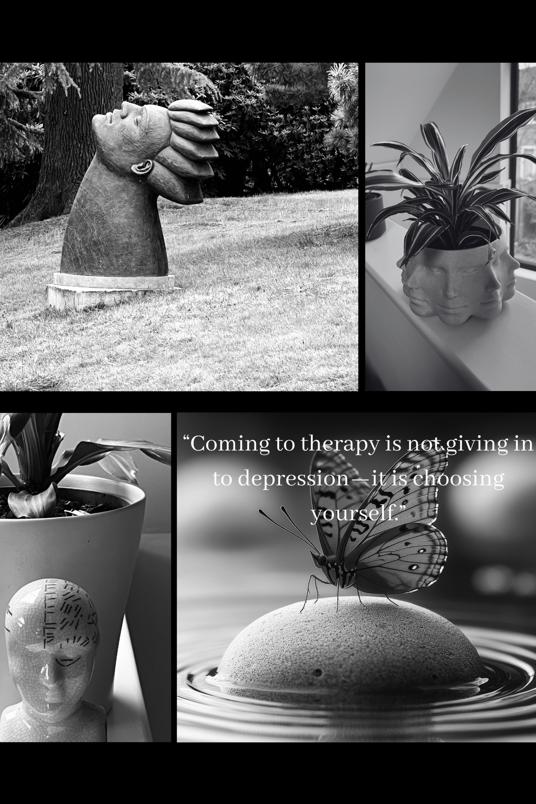 Depression counselling in Littlehampton BN17 West Sussex – symbolic therapy imagery with head sculpture, plant growth and butterfly representing emotional healing