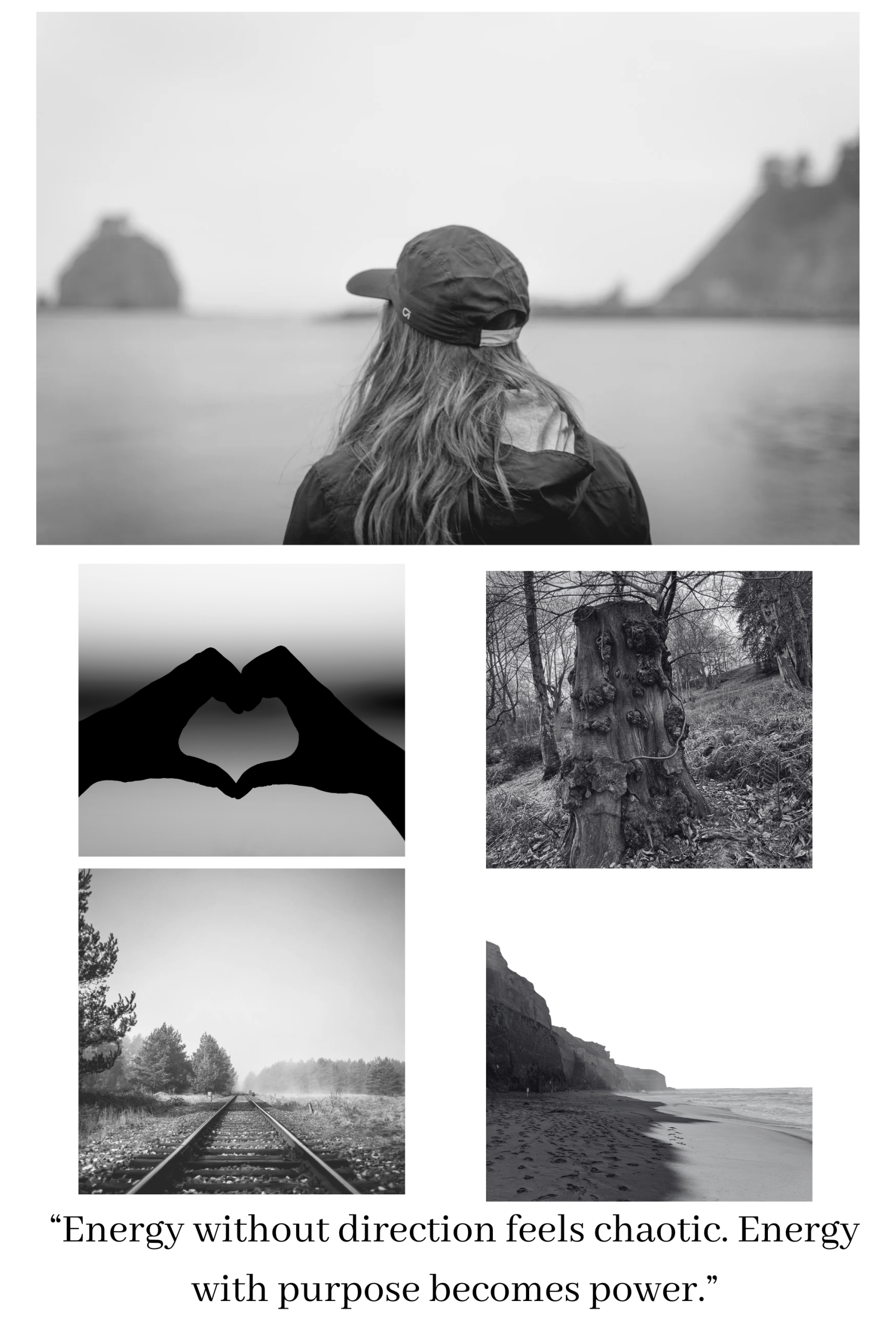 Black and white collage for ADHD counselling West Chiltington RH20 showing coastal figure, railway tracks, woodland tree and quote about energy and purpose.<br />
