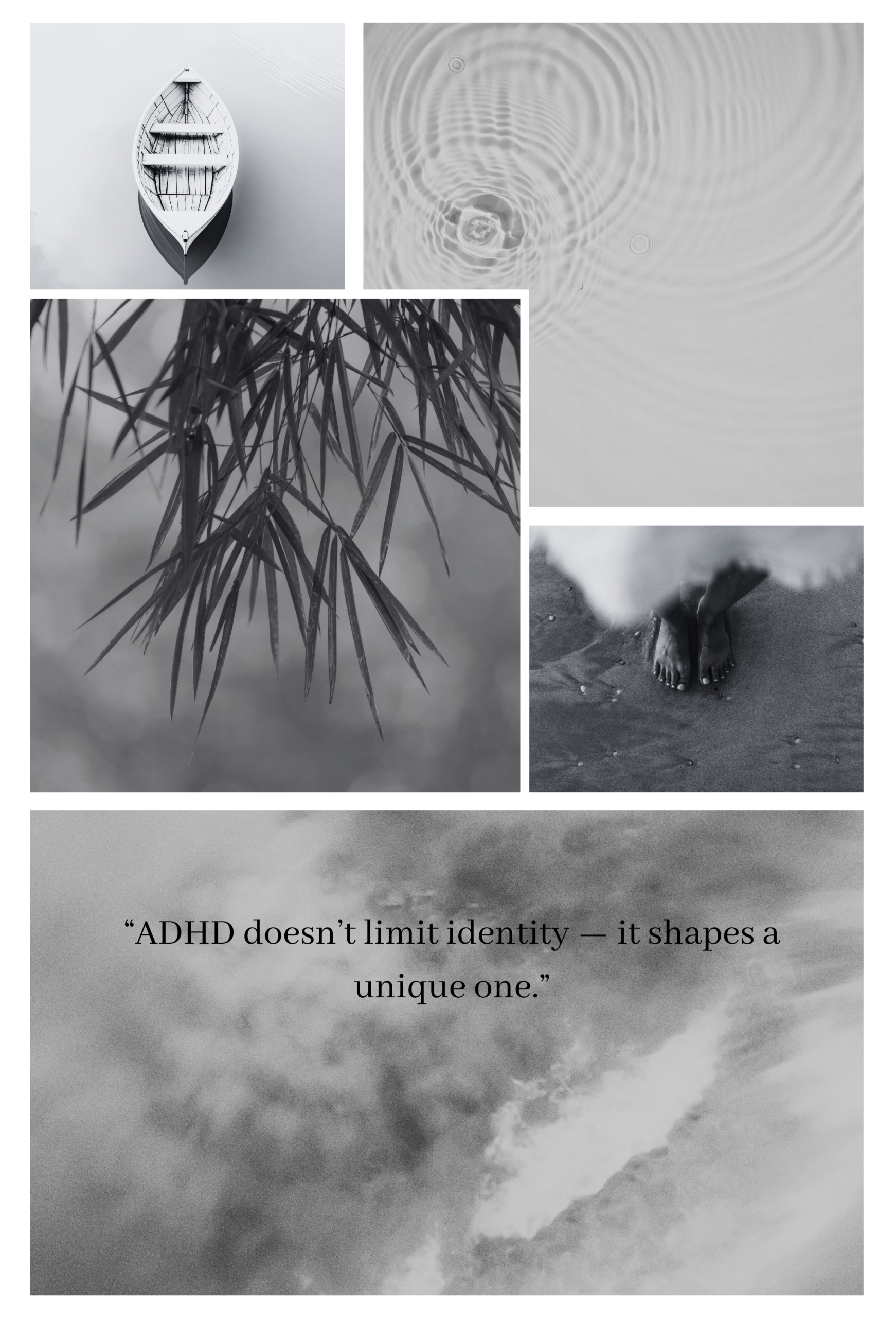 Black and white collage for ADHD counselling Loxwood RH14 showing bridge reflection, woodland path and quotes about honesty, purpose and change.