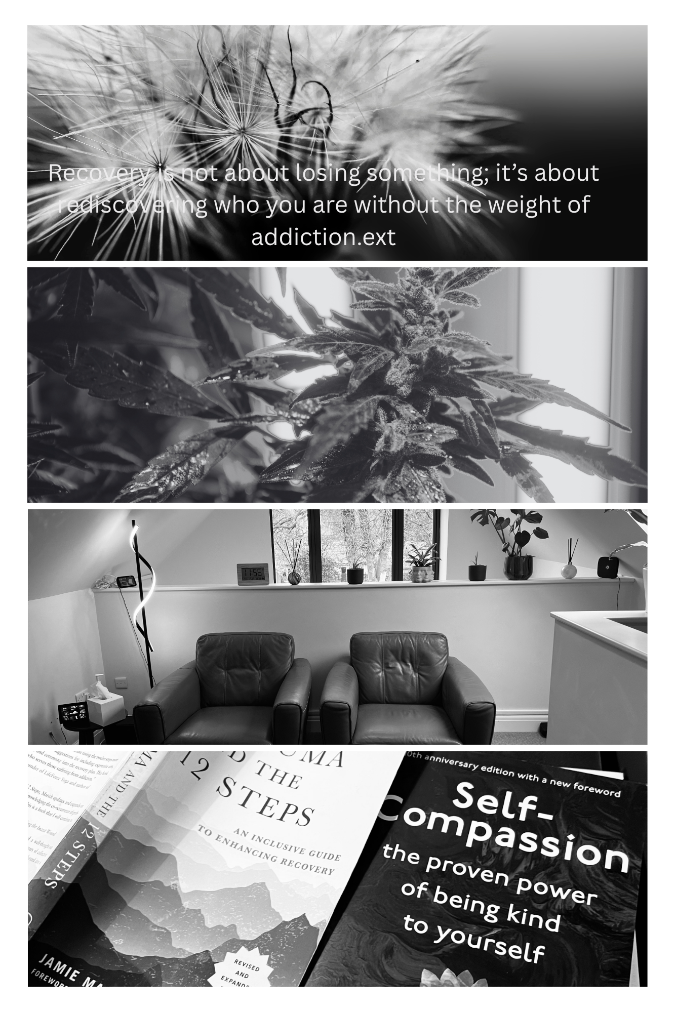 Collage showing skunk marijuana plant, counselling therapy room, and recovery books about self-compassion and addiction healing in West Sussex