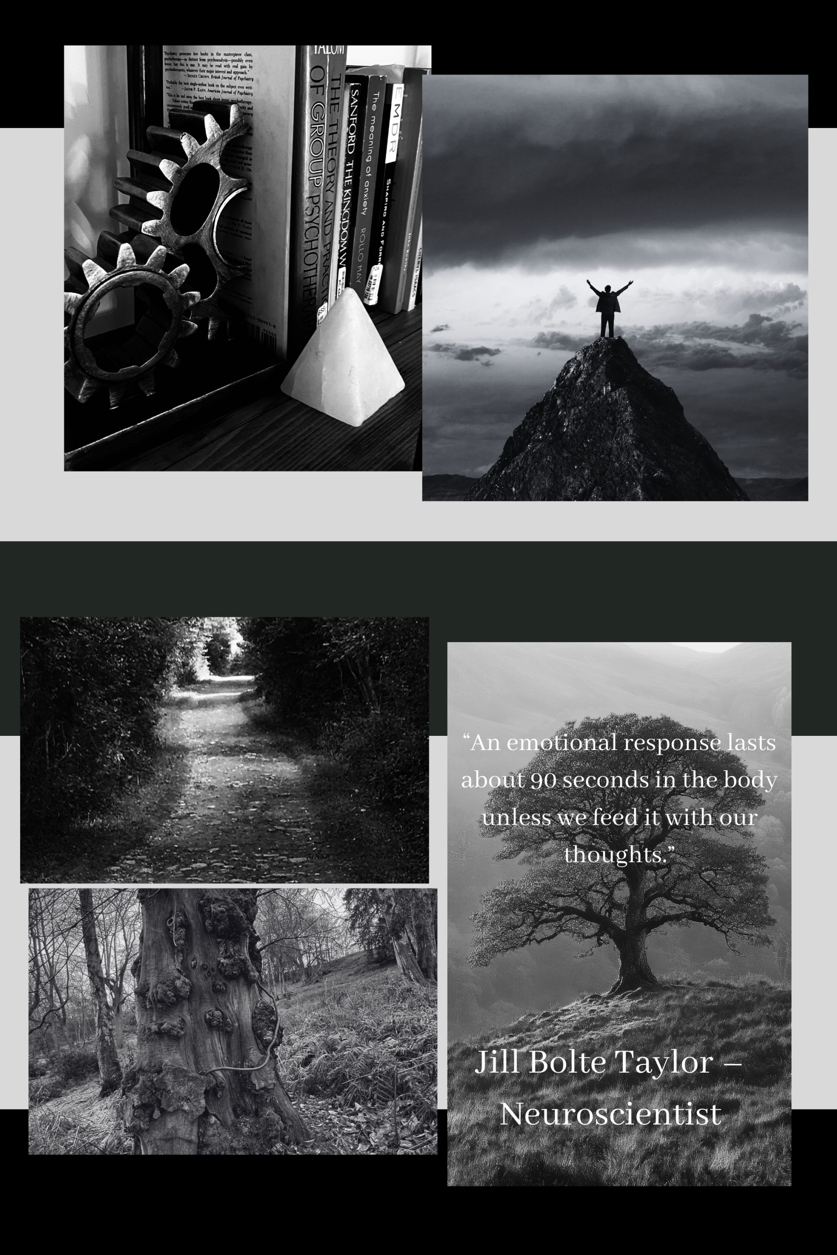 Black and white collage showing symbolic images of emotional regulation, resilience, nature pathways, and neuroscience quote about emotional response lasting 90 seconds, representing anger management for men in Littlehampton West Sussex.