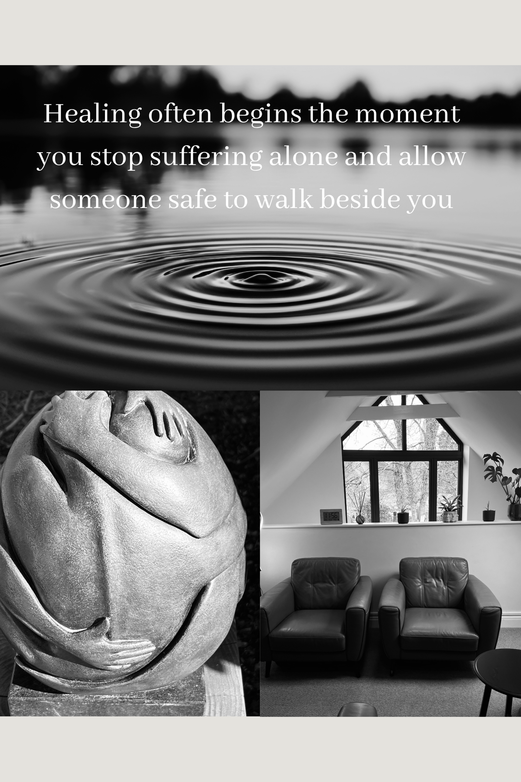 OCD therapy West Sussex image showing calming water ripples, a sculpture of self-embrace, and a counselling room at Eleos Counselling