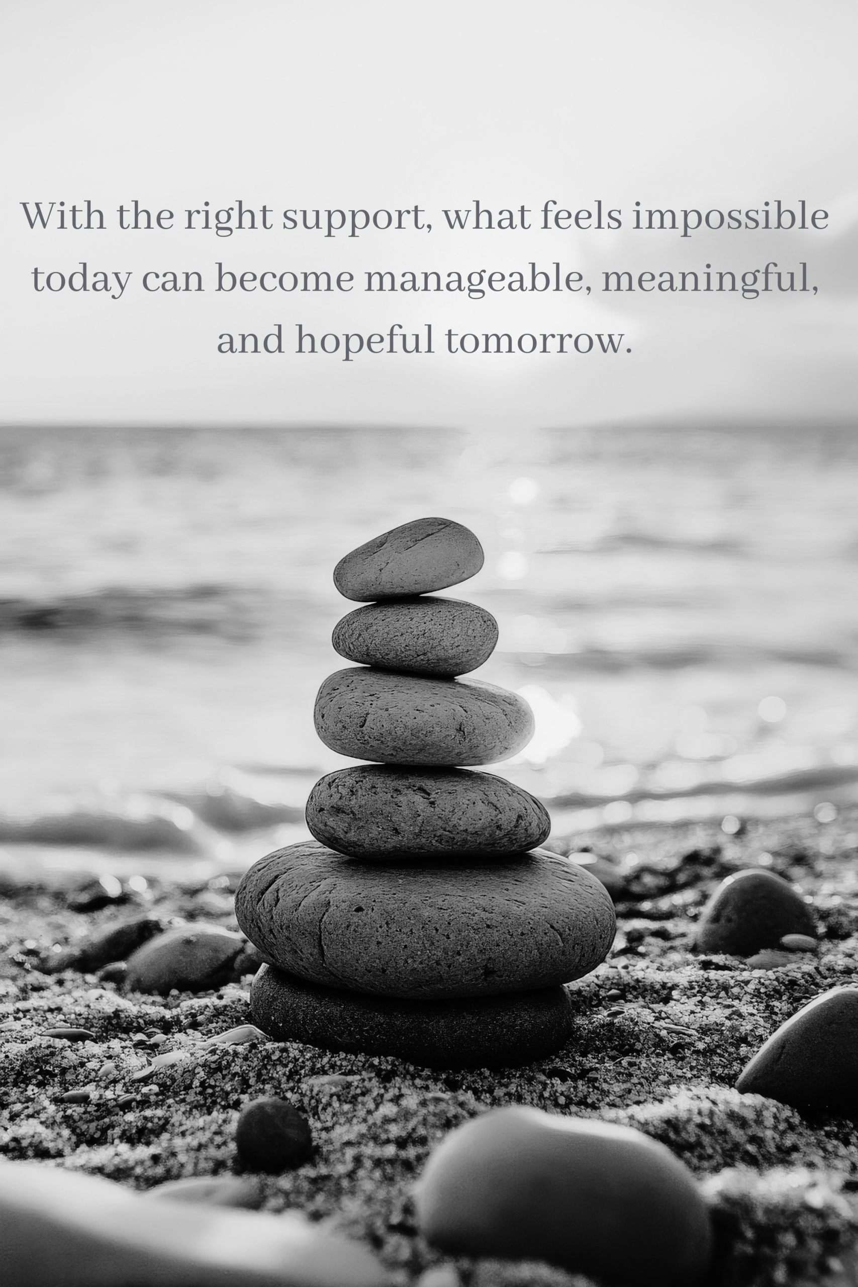 OCD therapy West Sussex image showing balanced stones on a beach with a hopeful quote about support and recovery