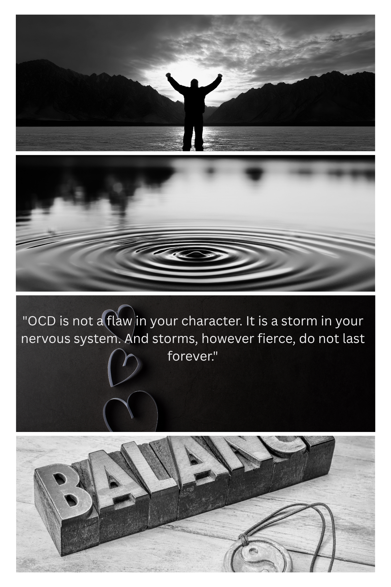 Black and white collage representing OCD therapy in West Sussex, showing hope, calm reflection, emotional healing, and balance through counselling and psychotherapy