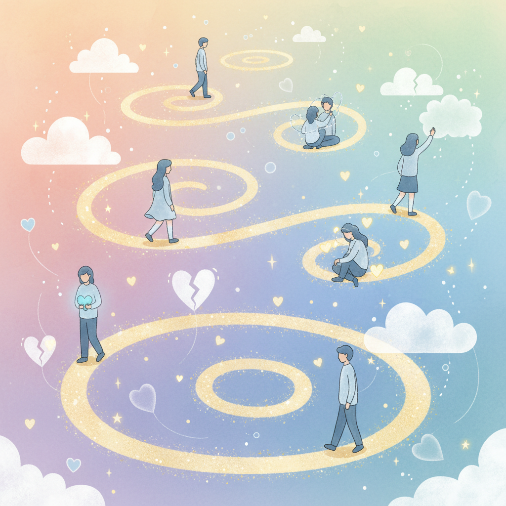 Illustrated figures walking a winding golden path representing the stages of emotional healing, with hearts and clouds on a soft pastel background