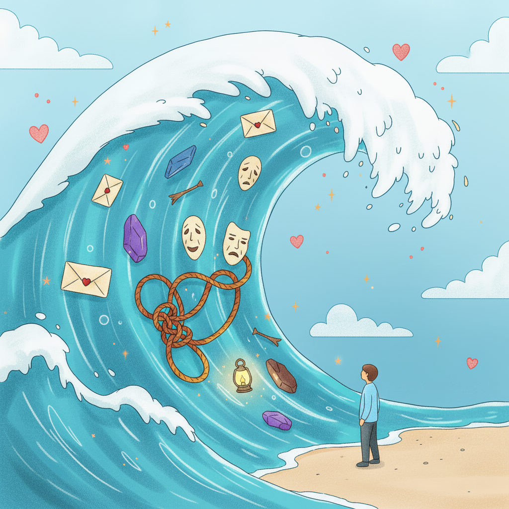 A figure standing on a beach facing a large wave filled with emotional symbols including letters, masks, tangled rope, and crystals representing overwhelming feelings