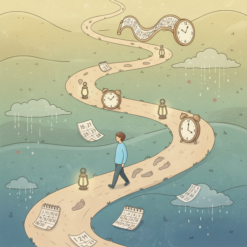 A figure walking a winding path marked with clocks, calendars, lanterns and footprints representing the passage of time during emotional healing