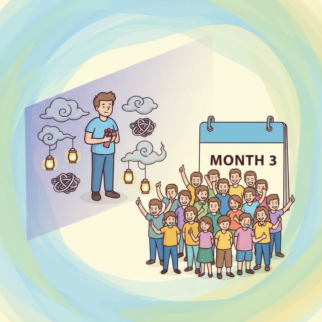 A man surrounded by grief symbols next to a supportive crowd and a Month 3 calendar representing progress in bereavement recovery