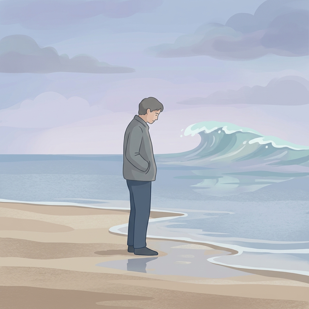 A grieving man standing alone on a beach with head bowed as a large wave builds behind him symbolising the late arrival of delayed grief