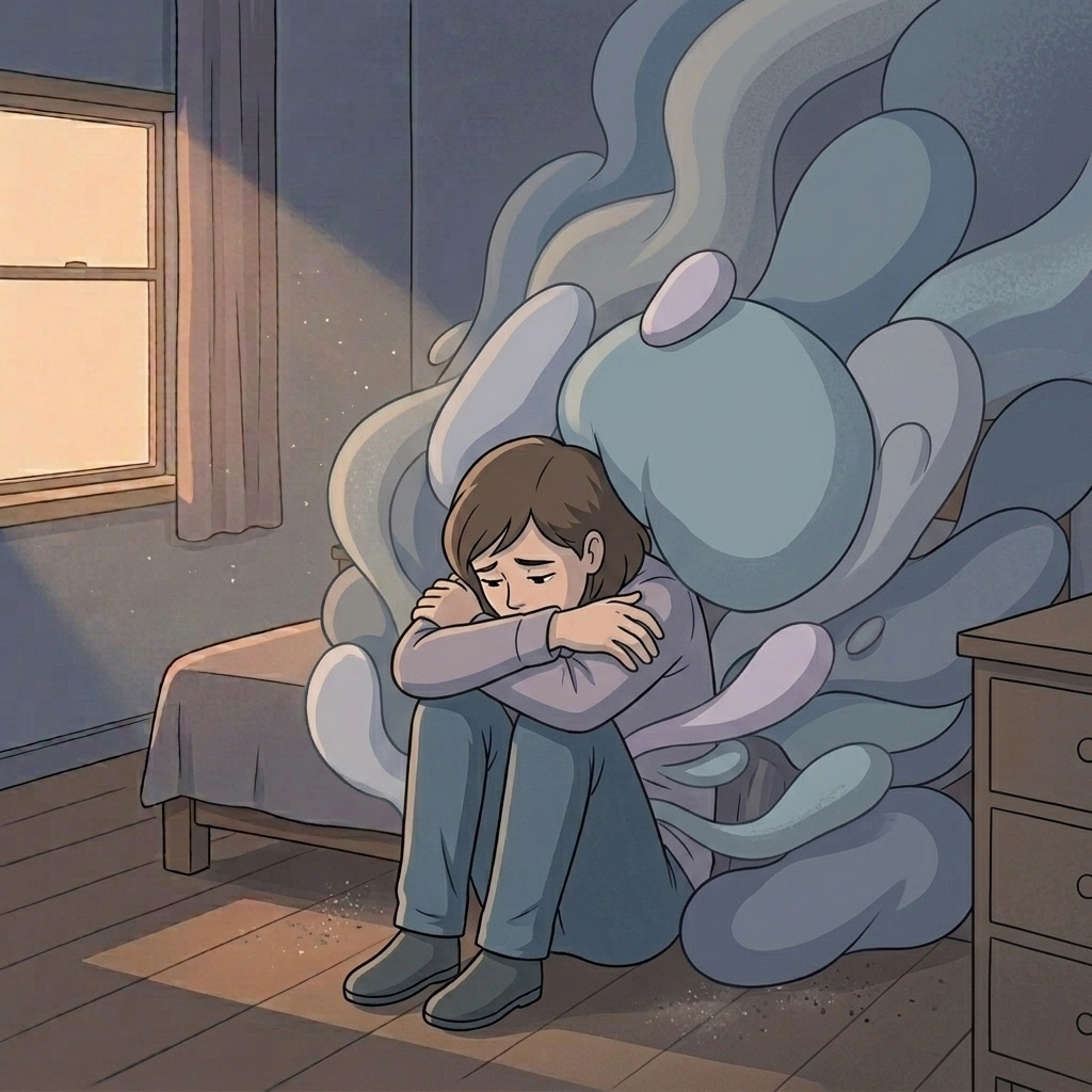 A person huddled on a bedroom floor surrounded by swirling grey forms representing the physical weight and emotional heaviness of grief