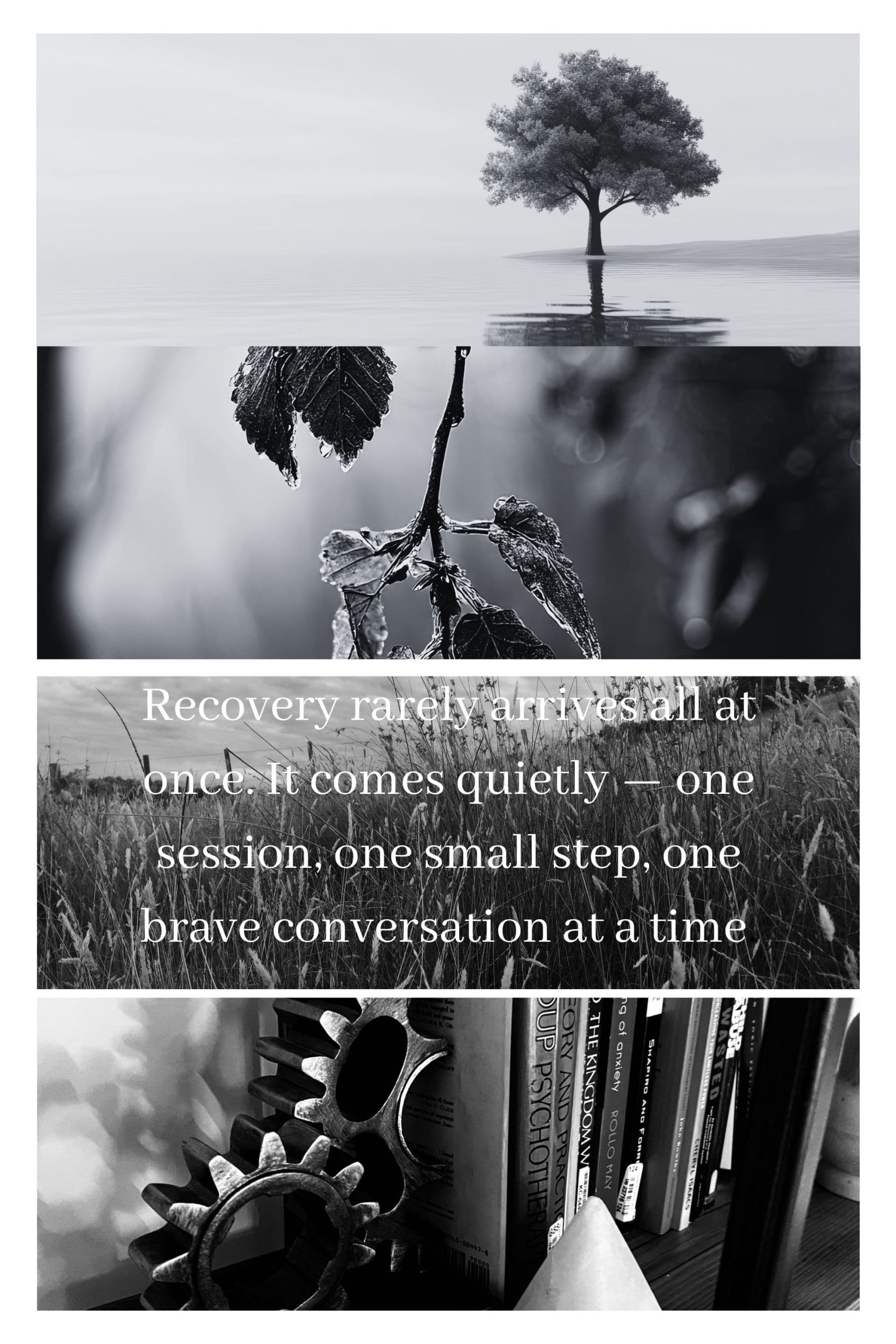 Black and white collage of tree leaves gear and books with recovery quote for phobia therapy West Sussex