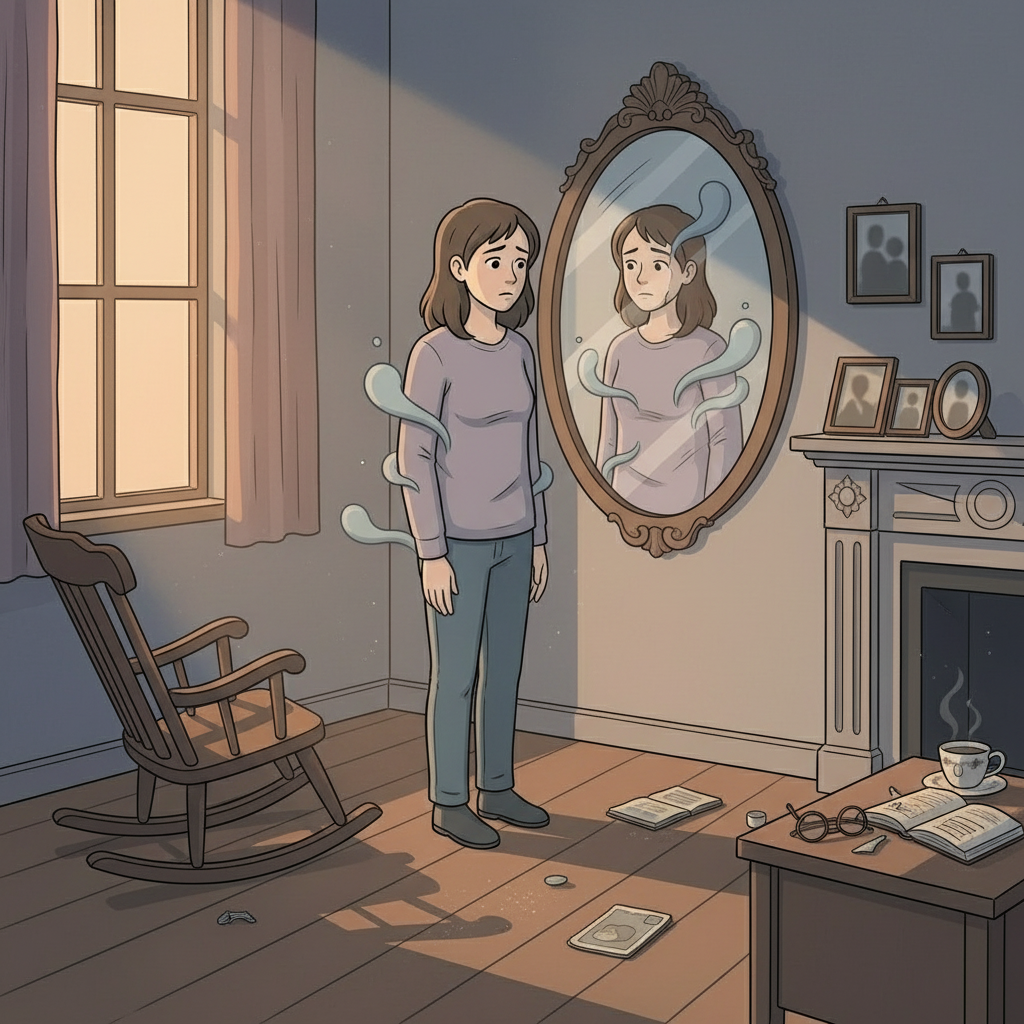 Illustrated woman standing before a mirror looking sorrowful representing loss of identity during grief and bereavement counselling West Sussex