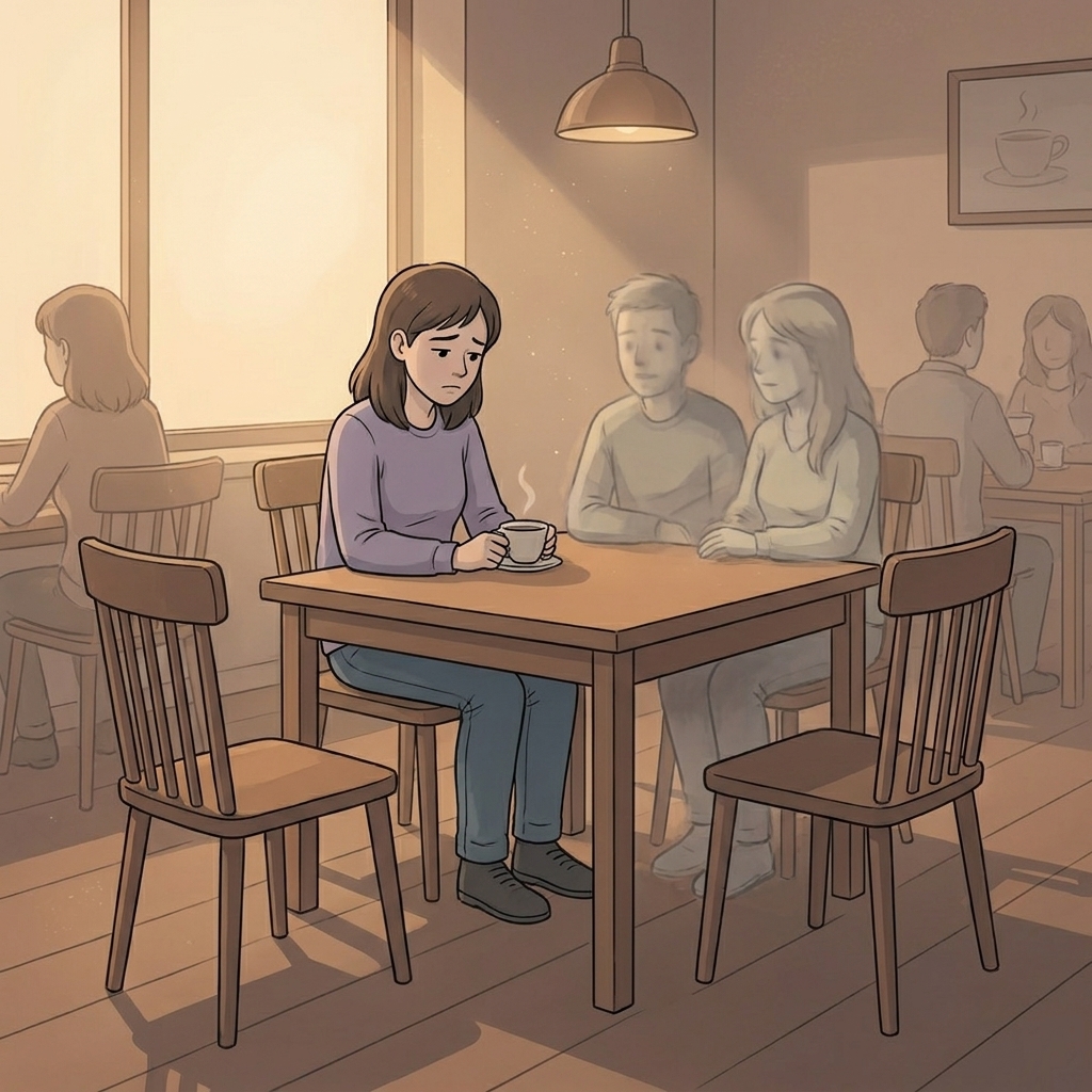 Illustrated woman sitting alone in a cafe with ghostly figures beside her representing grief isolation and relationship impact in bereavement counselling West Sussex