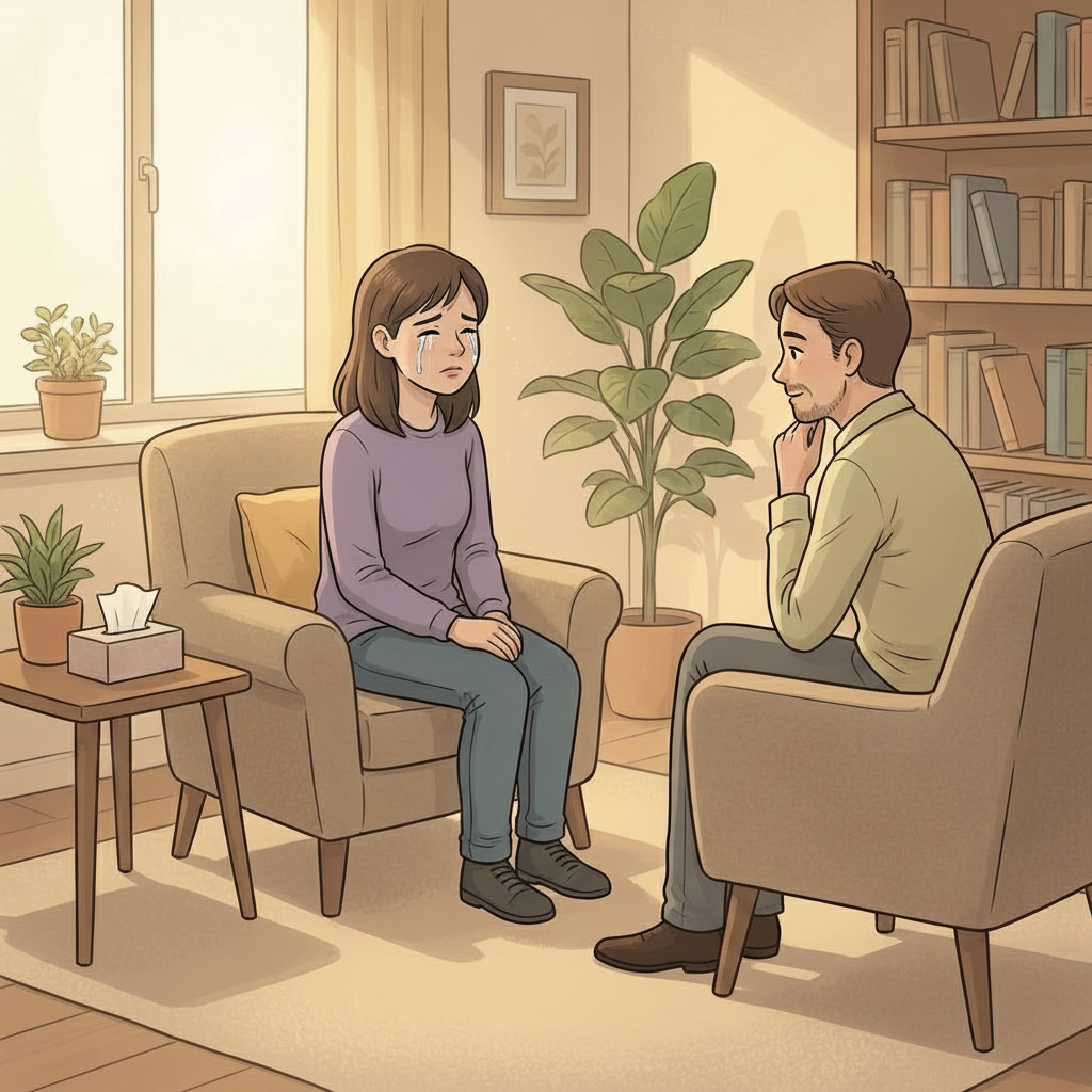 Woman crying during grief counselling session with empathic male therapist at Eleos Counselling West Sussex